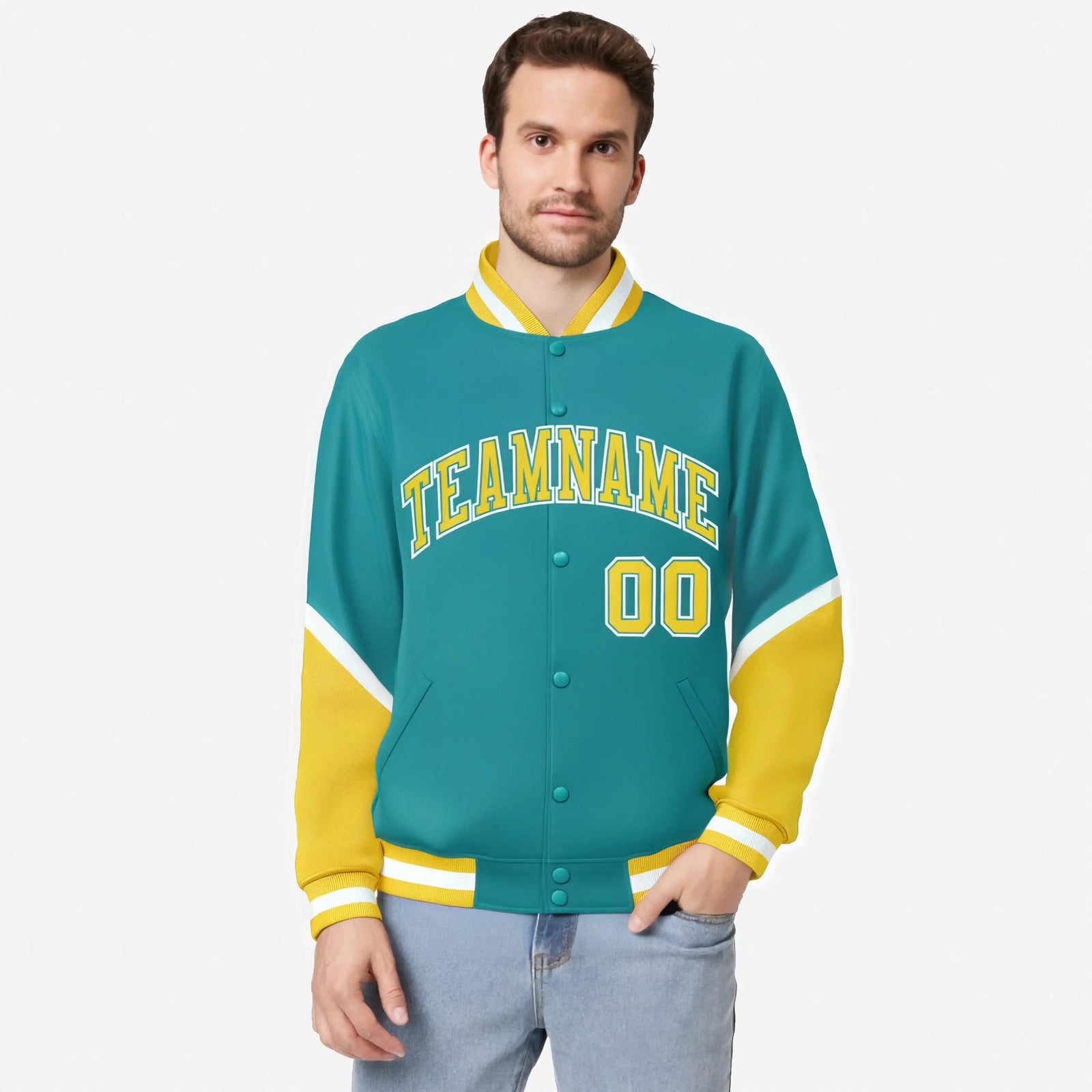 Custom Aqua Gold-White Varsity Full-Snap Color Block Letterman Jacket