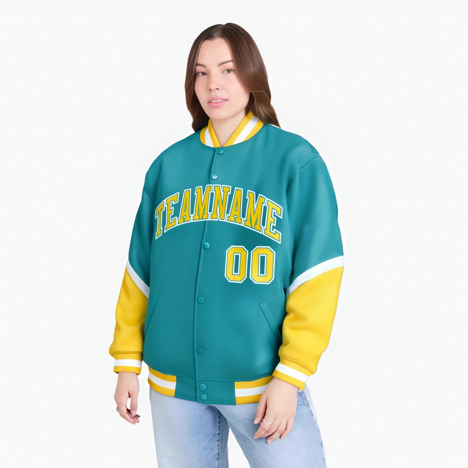 Custom Aqua Gold-White Varsity Full-Snap Color Block Letterman Jacket