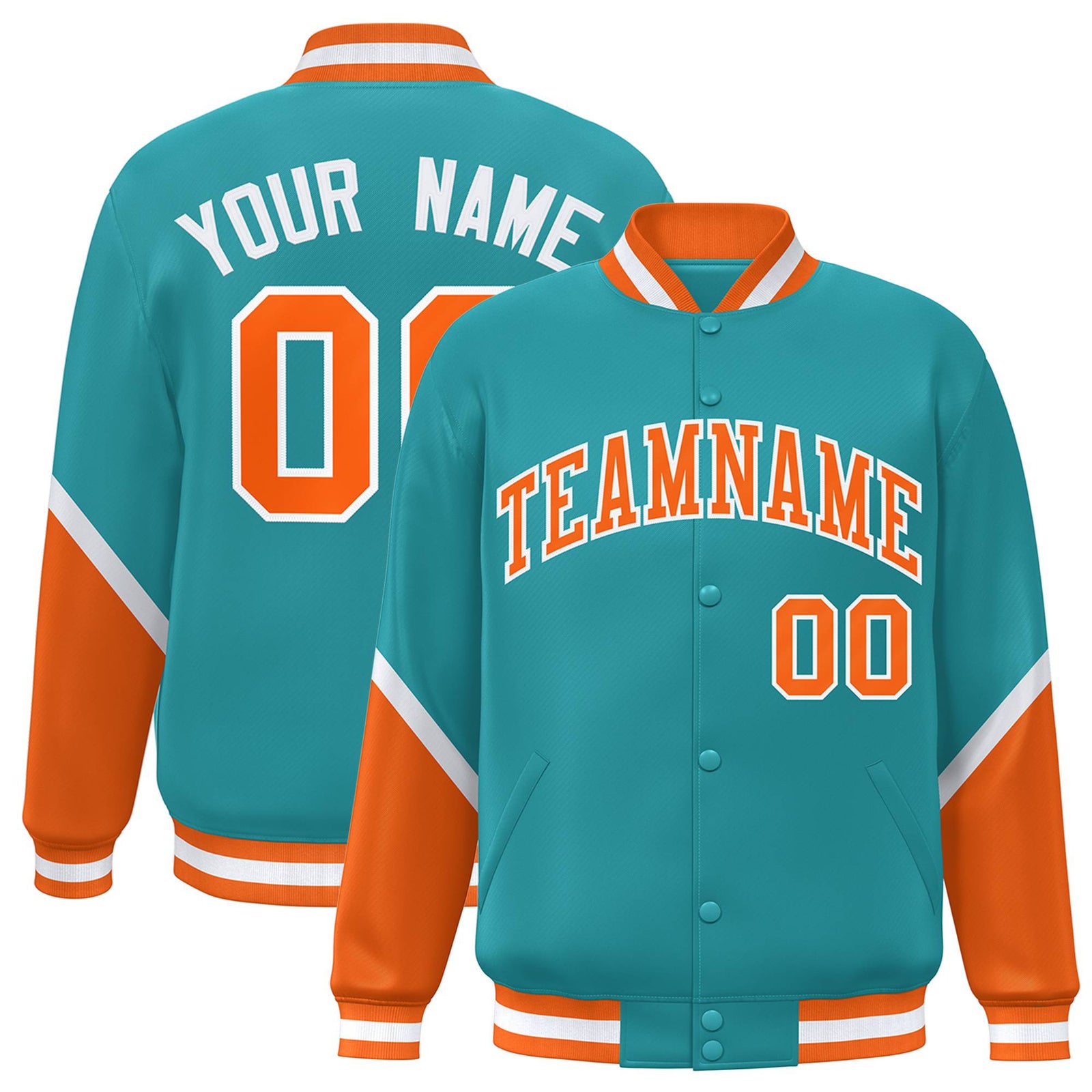 Custom Aqua Orange-White Varsity Full-Snap Color Block Letterman Jacket