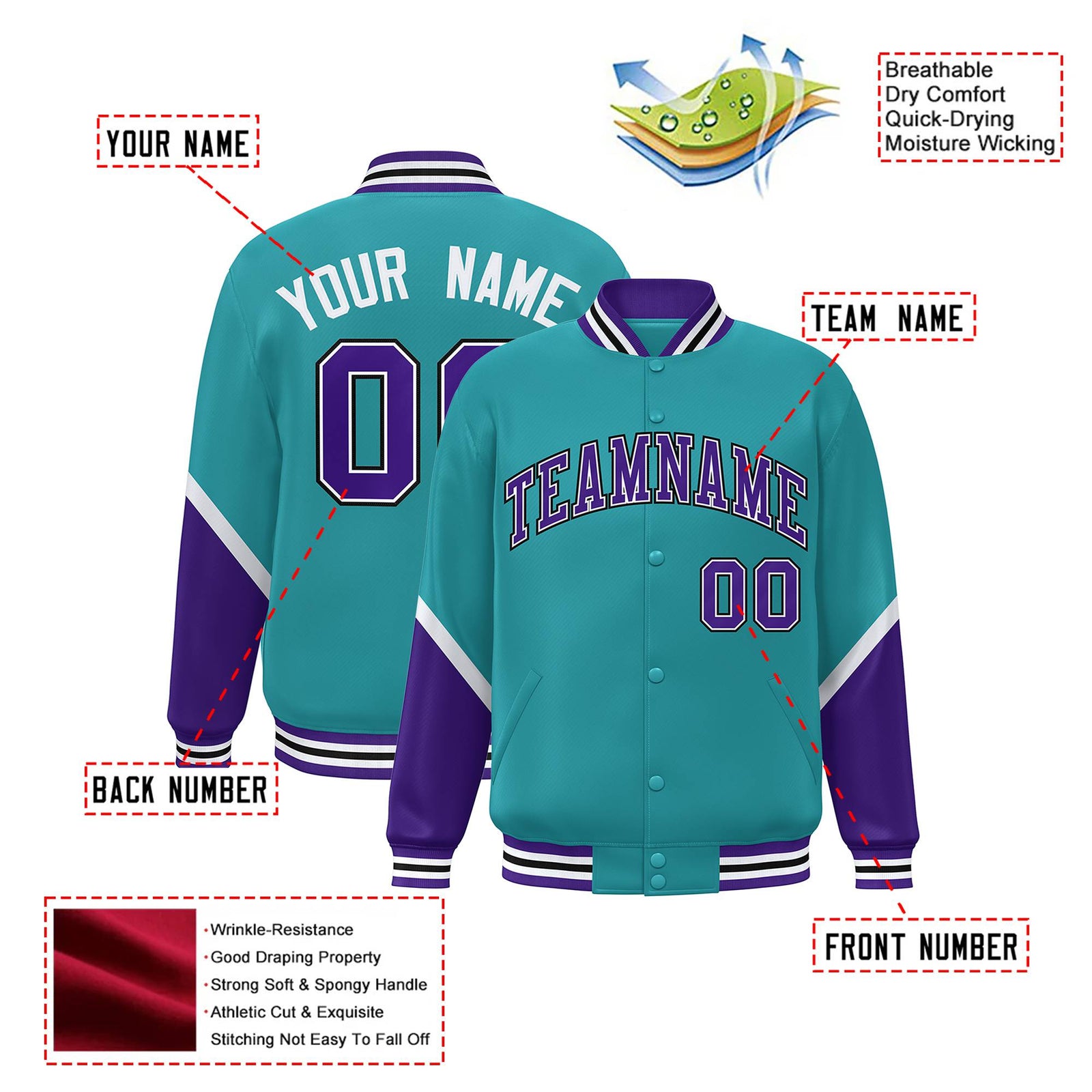 Custom Aqua Purple-White Varsity Full-Snap Color Block Letterman Jacket