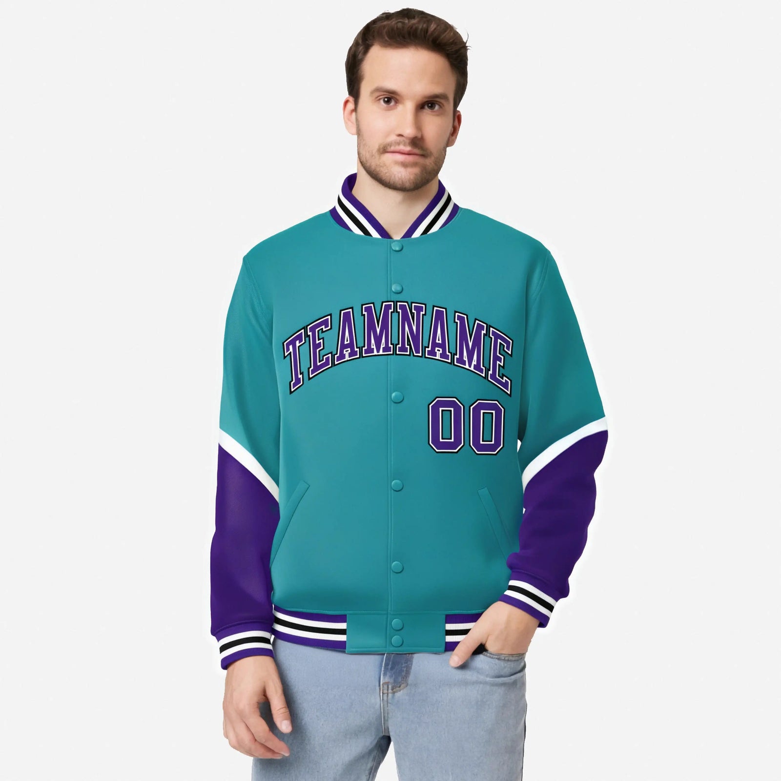 Custom Aqua Purple-White Varsity Full-Snap Color Block Letterman Jacket