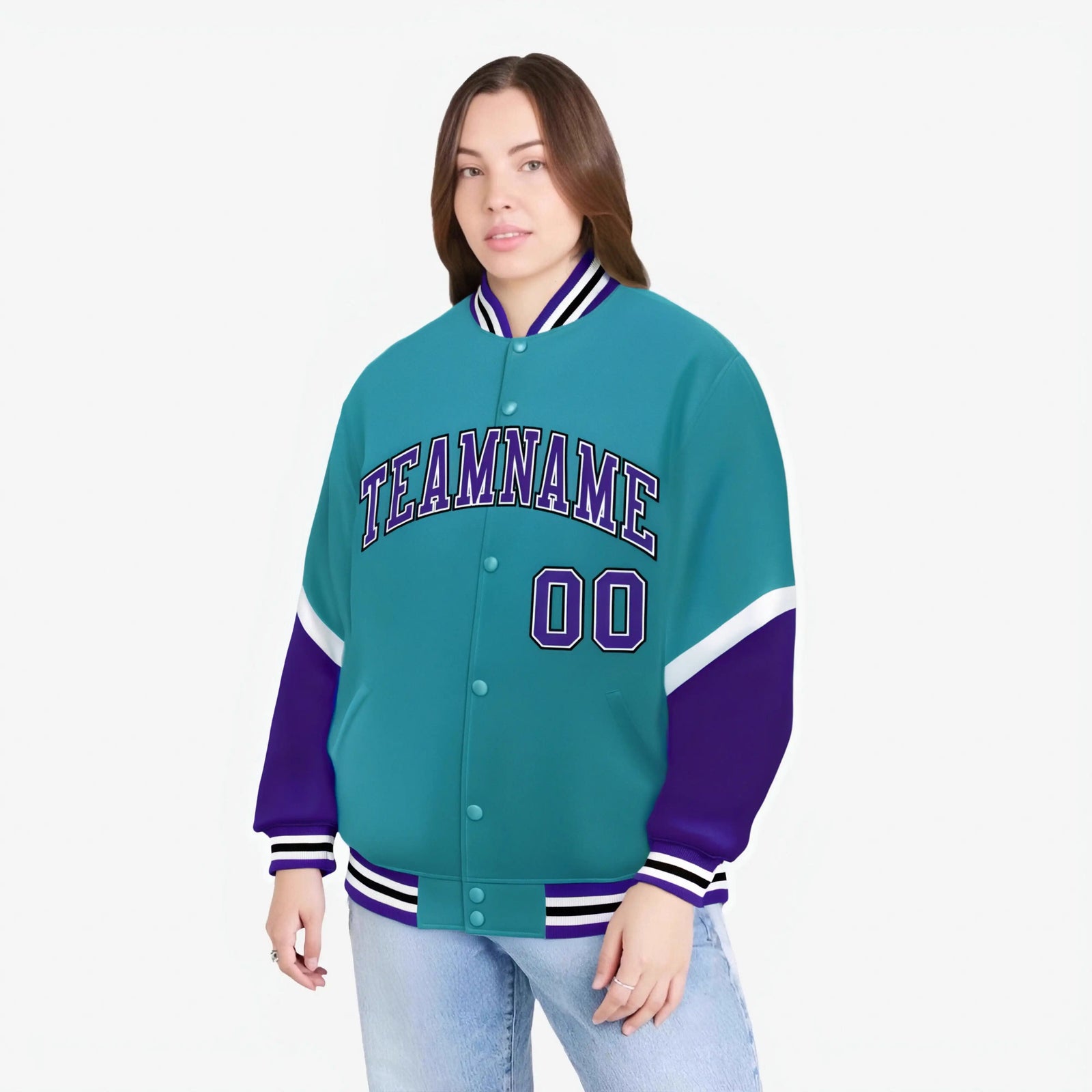 Custom Aqua Purple-White Varsity Full-Snap Color Block Letterman Jacket