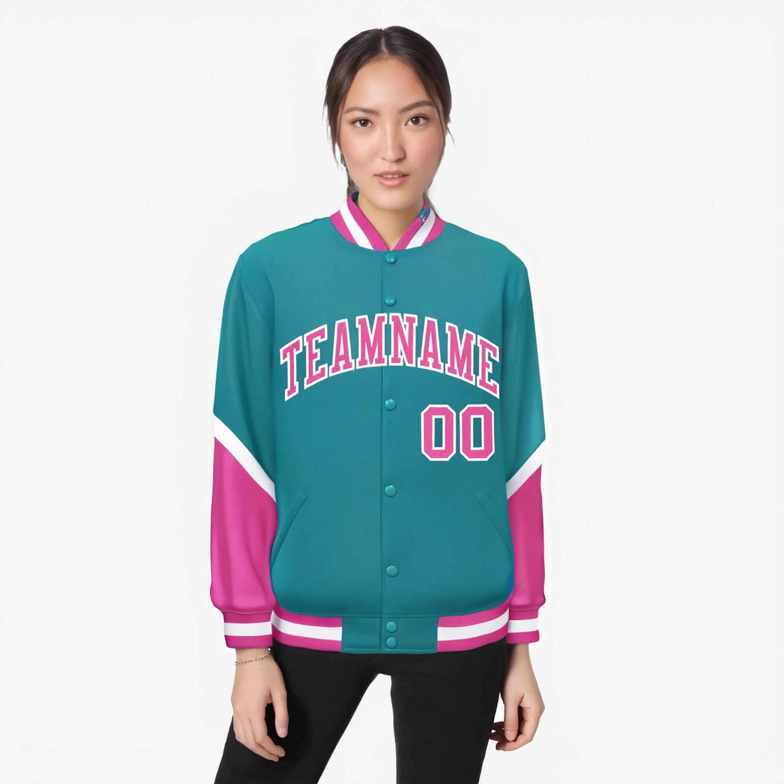 Custom Aqua Pink-White Varsity Full-Snap Color Block Letterman Jacket