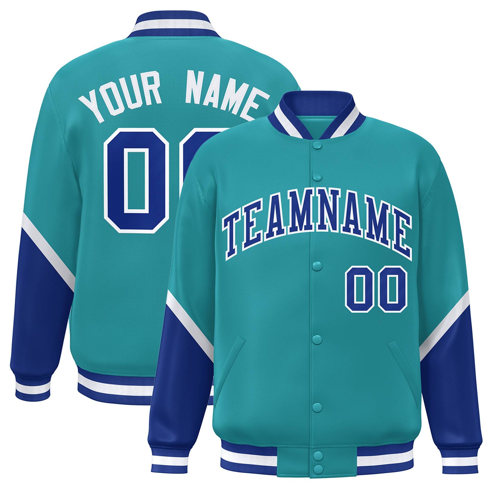 Custom Aqua Royal Blue-White Varsity Full-Snap Color Block Letterman Jacket