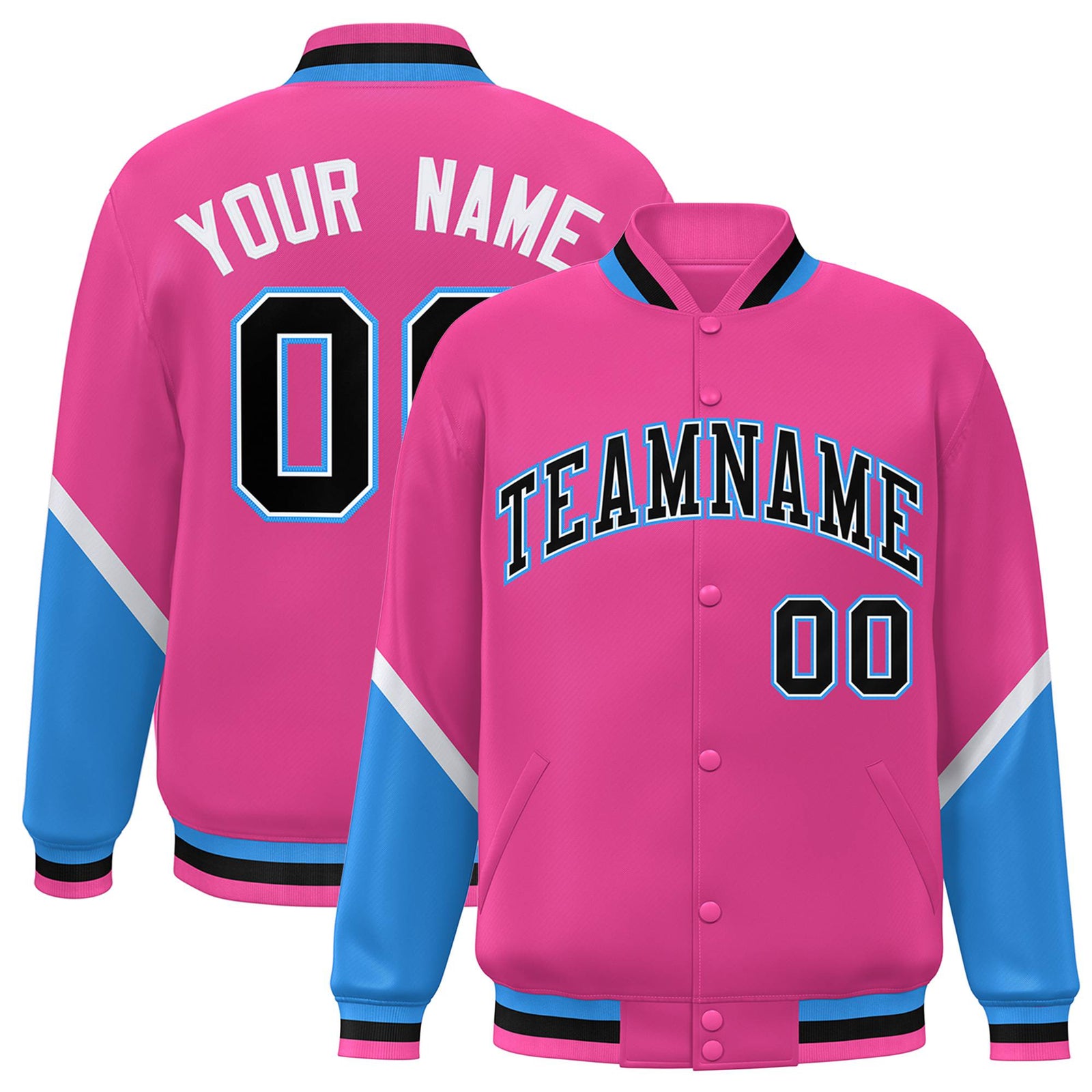 Custom Pink Powder Blue-Black Varsity Full-Snap Color Block Letterman Jacket
