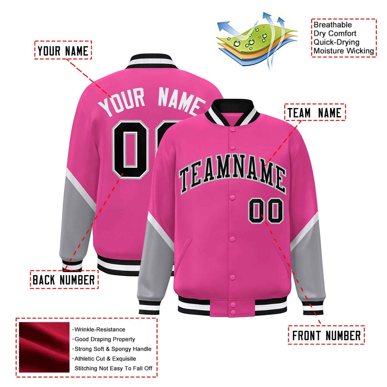 Custom Pink Gray-Black Varsity Full-Snap Color Block Letterman Jacket