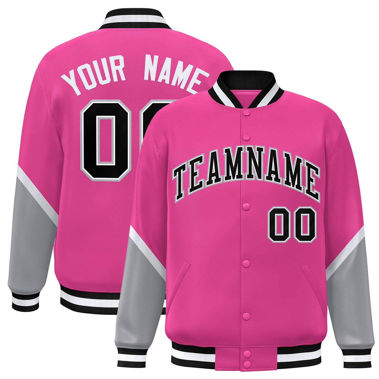Custom Pink Gray-Black Varsity Full-Snap Color Block Letterman Jacket