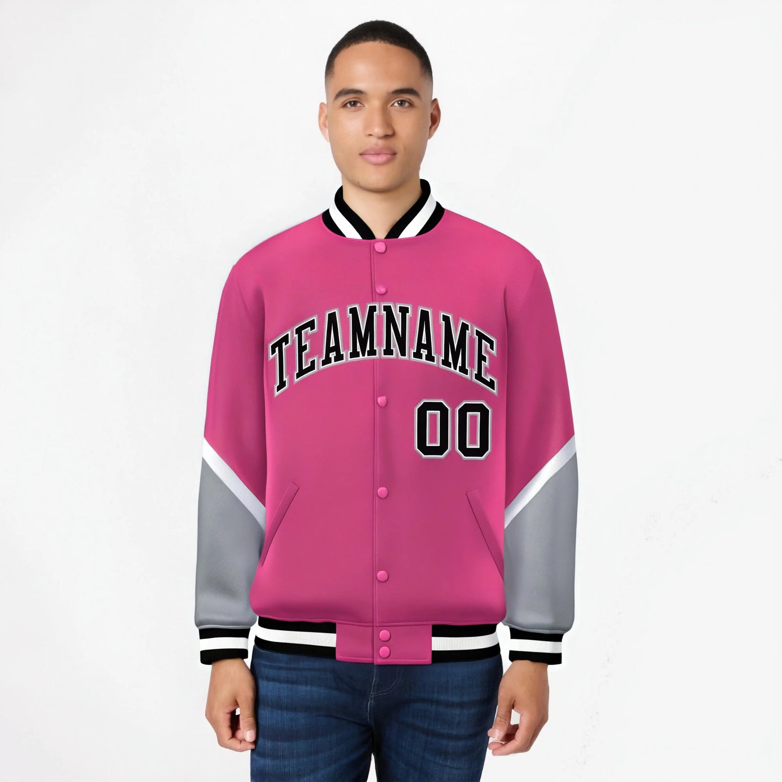 Custom Pink Gray-Black Varsity Full-Snap Color Block Letterman Jacket
