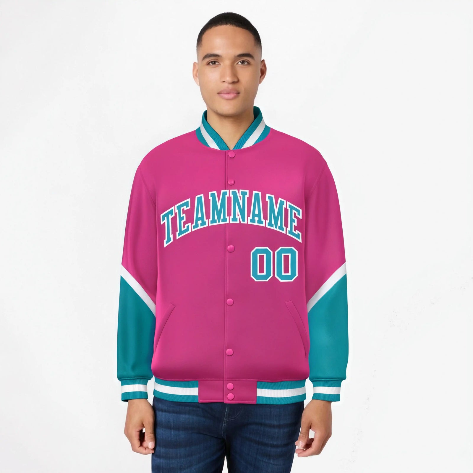 Custom Pink Aqua-White Varsity Full-Snap Color Block Letterman Jacket