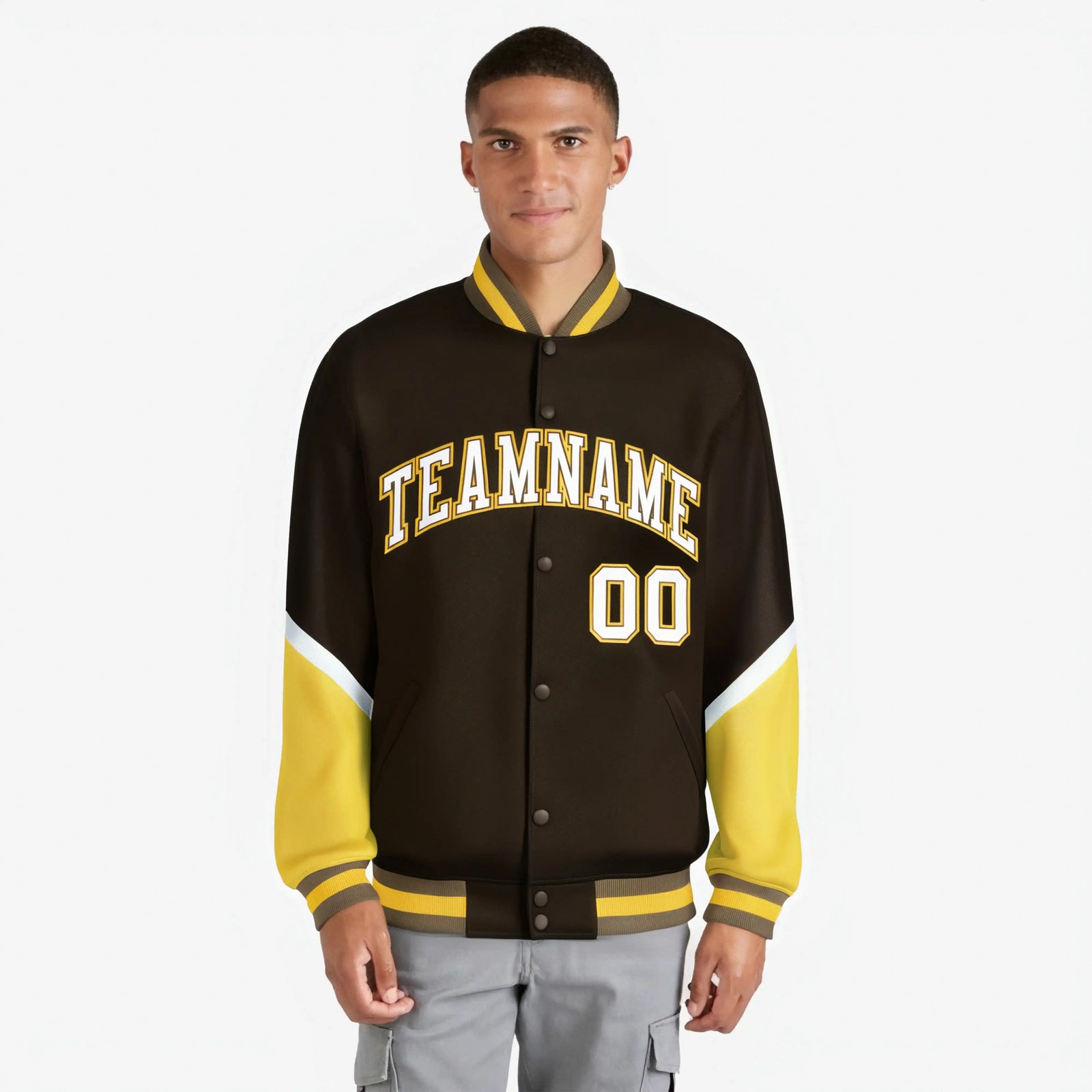 Custom Brown Gold-White Varsity Full-Snap Color Block Letterman Jacket