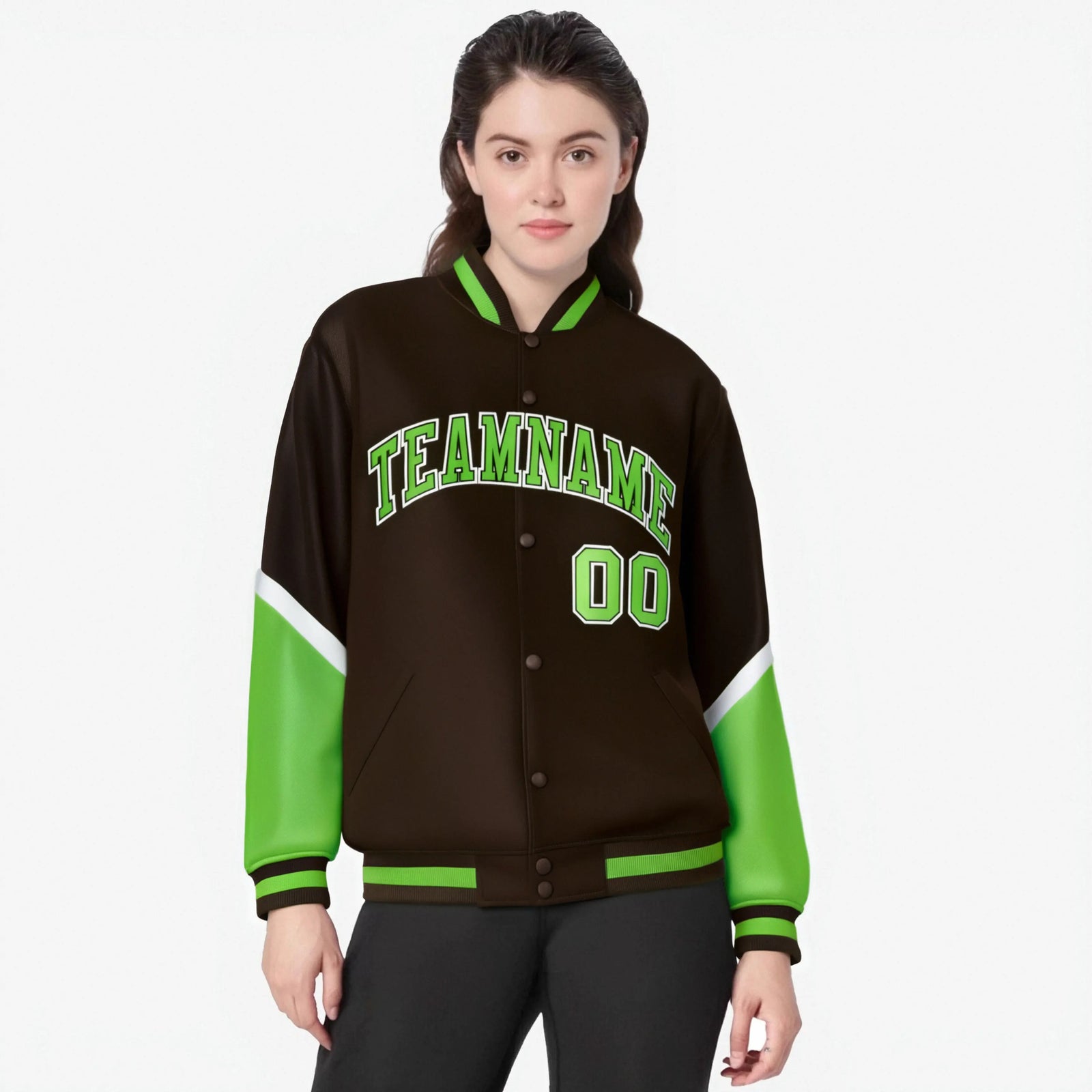 Custom Brown Neon Green-White Varsity Full-Snap Color Block Letterman Jacket