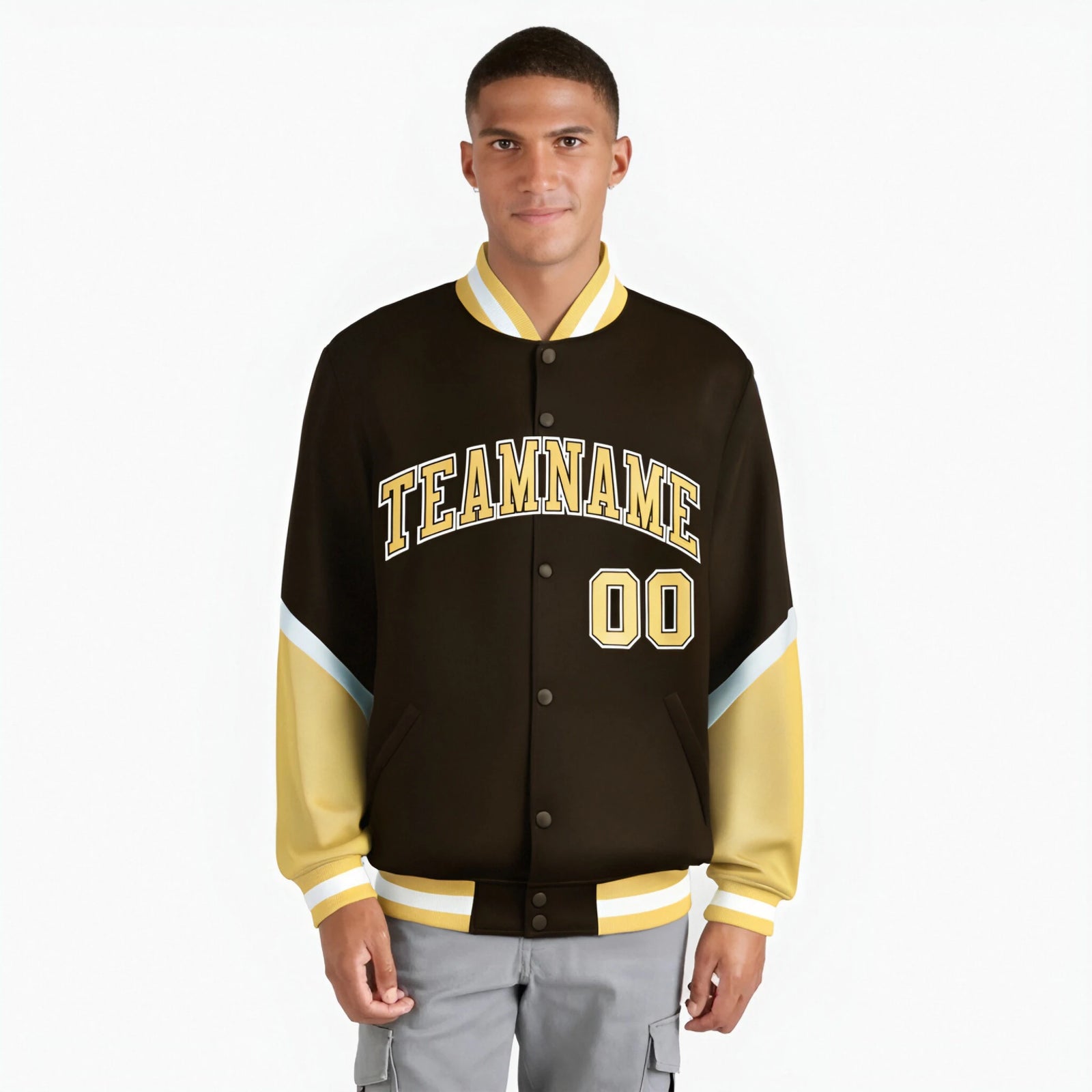 Custom Brown Khaki-White Varsity Full-Snap Color Block Letterman Jacket