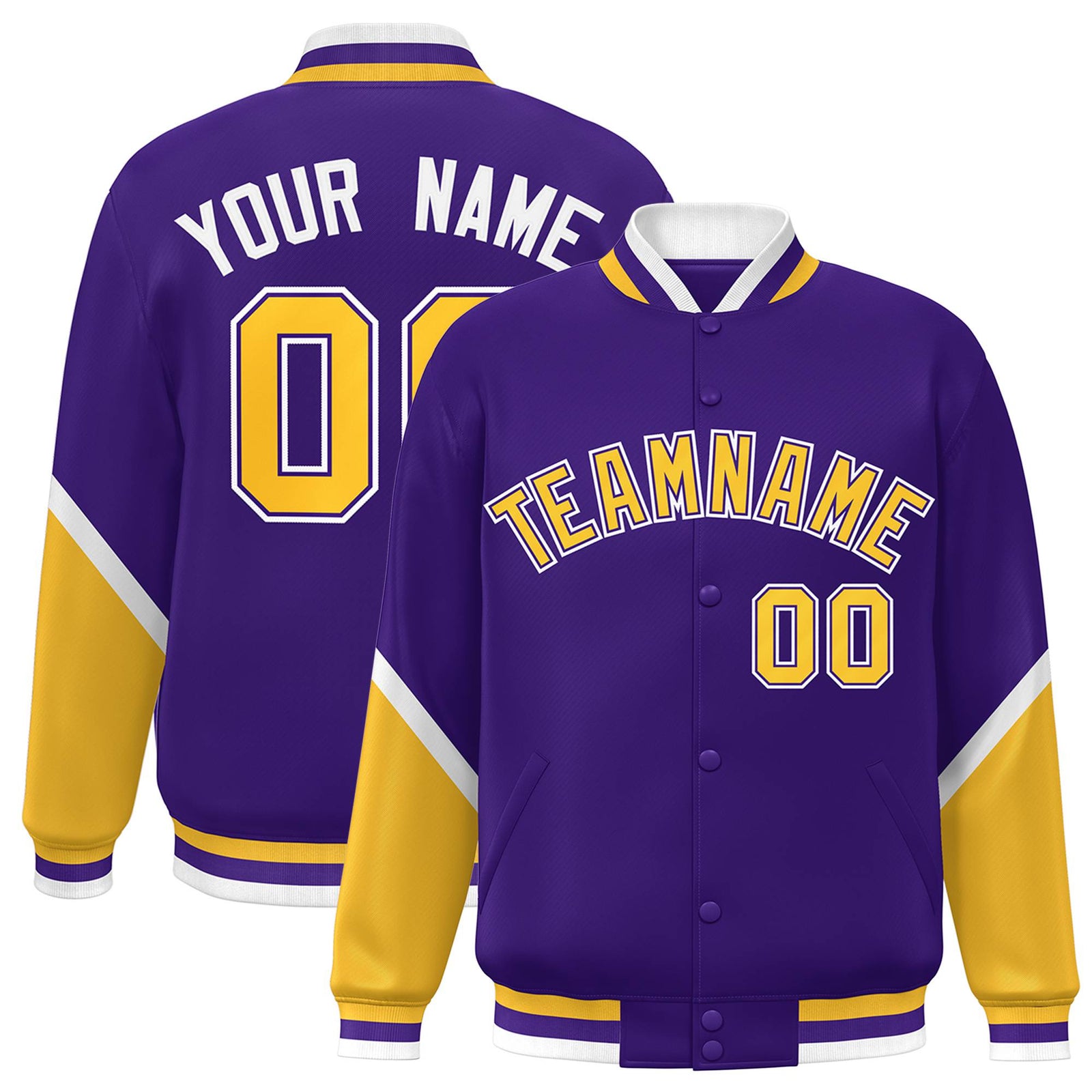 Custom Purple Gold-White Varsity Full-Snap Color Block Letterman Jacket