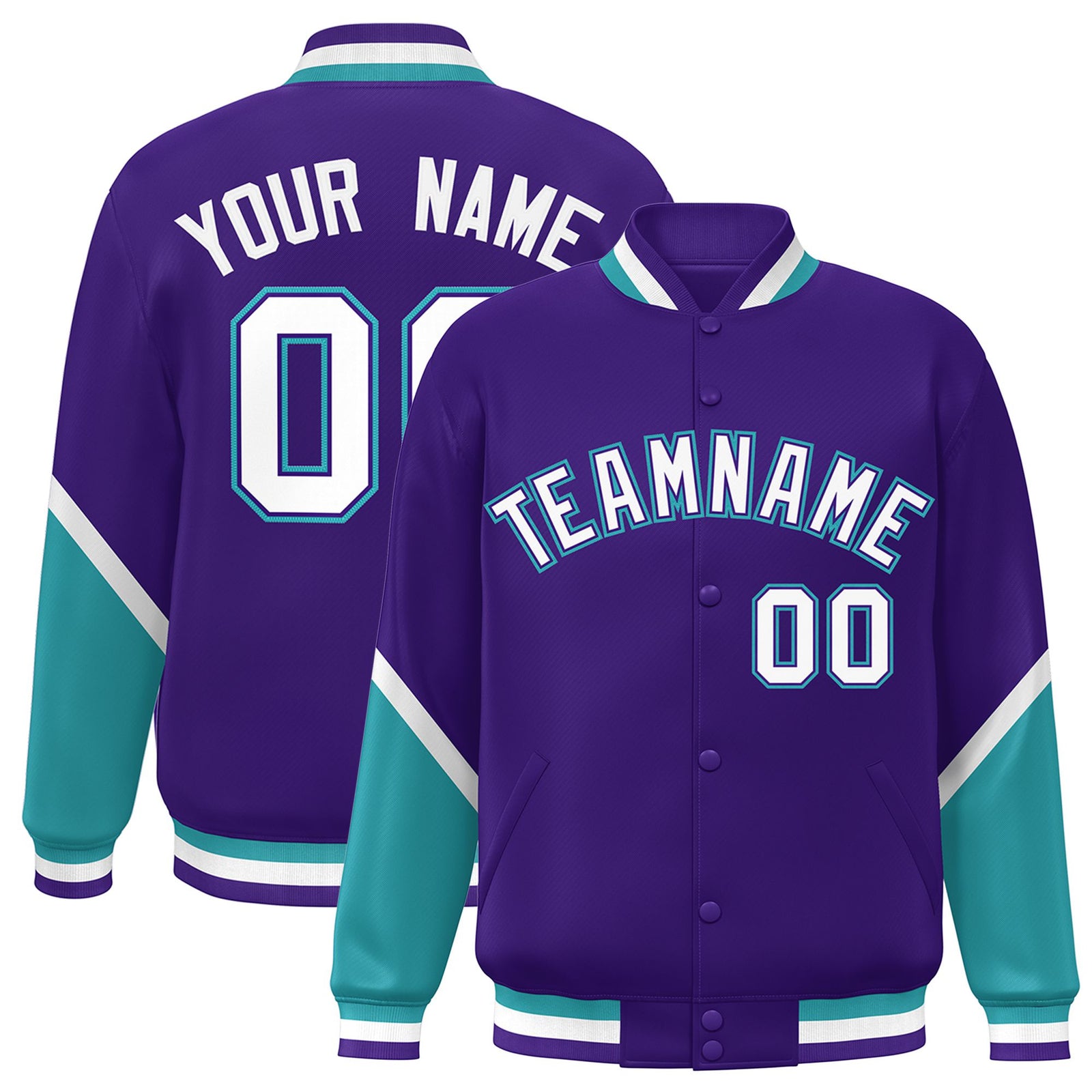 Custom Purple Aqua-White Varsity Full-Snap Color Block Letterman Jacket