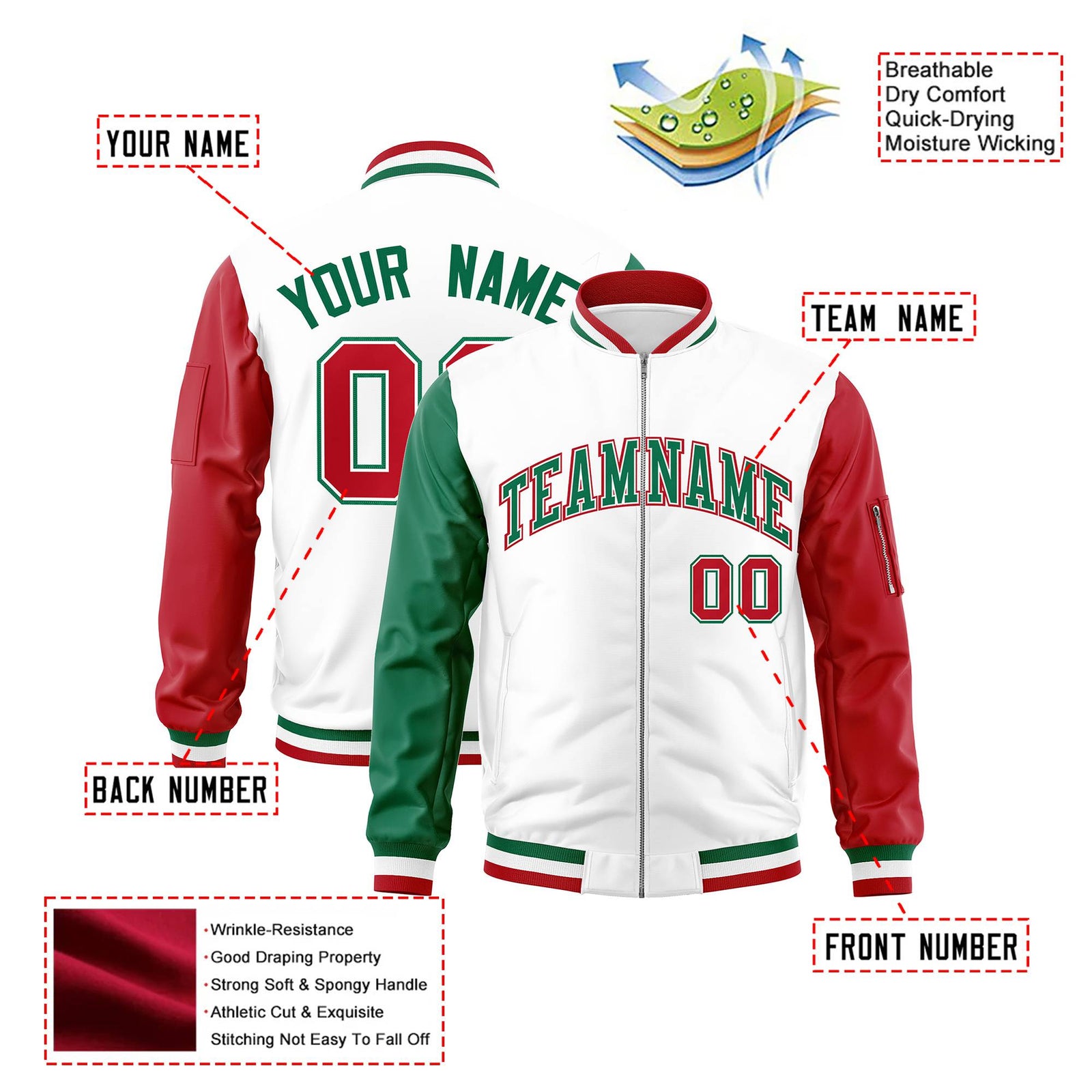 Custom White Red-Green Varsity Full-Zip Raglan Sleeves Letterman Bomber Jacket