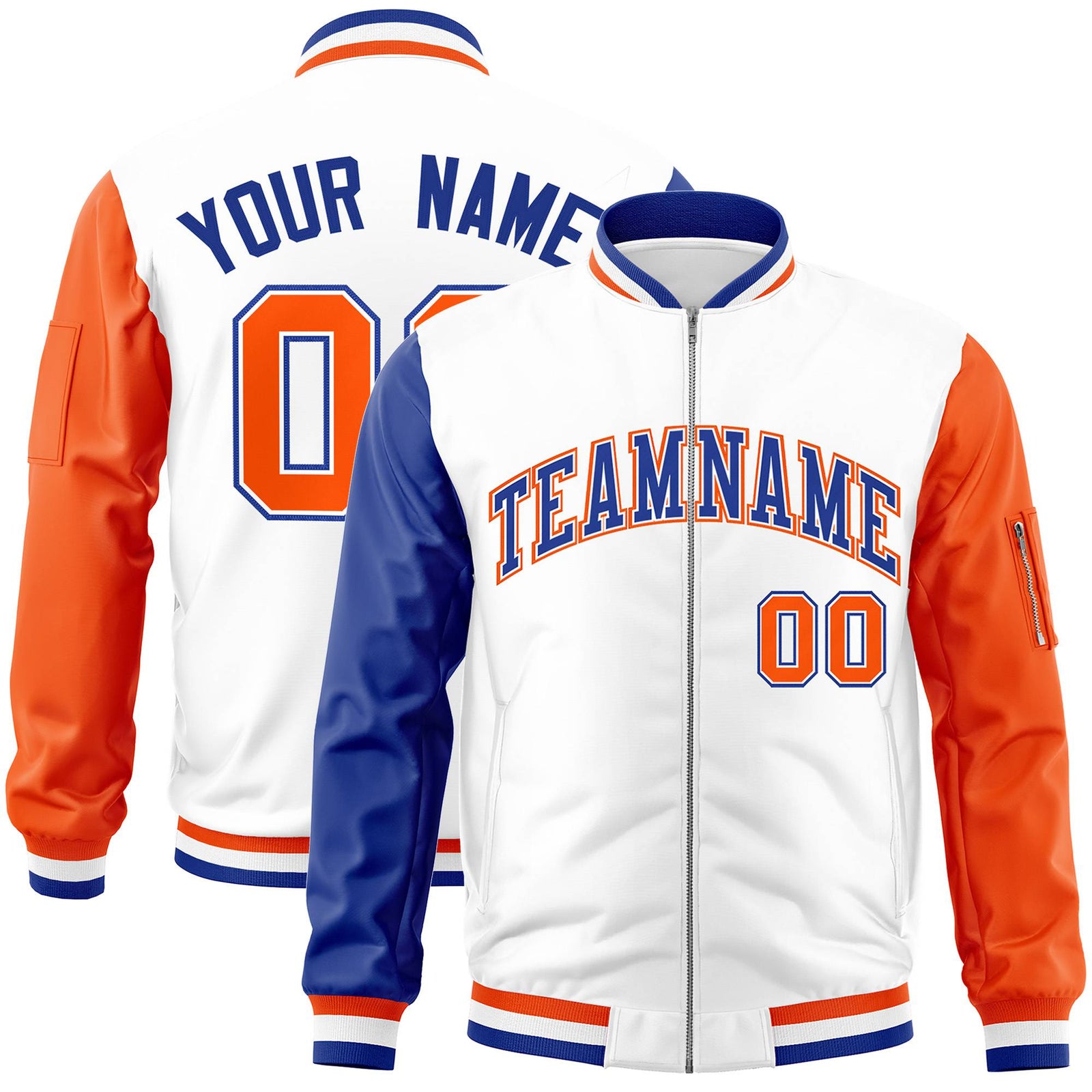 Custom White Orange-Royal Blue Varsity Full-Zip Raglan Sleeves Letterman Bomber Jacket