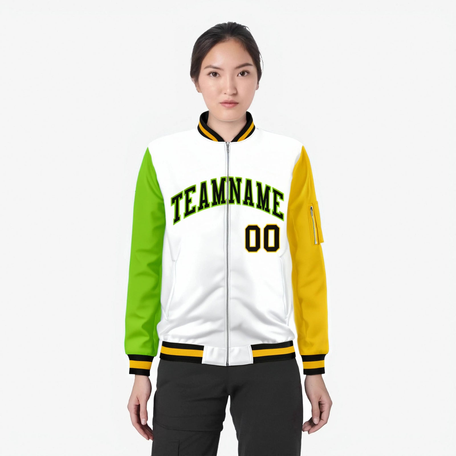 Custom White Gold-Neon Green Varsity Full-Zip Raglan Sleeves Letterman Bomber Jacket