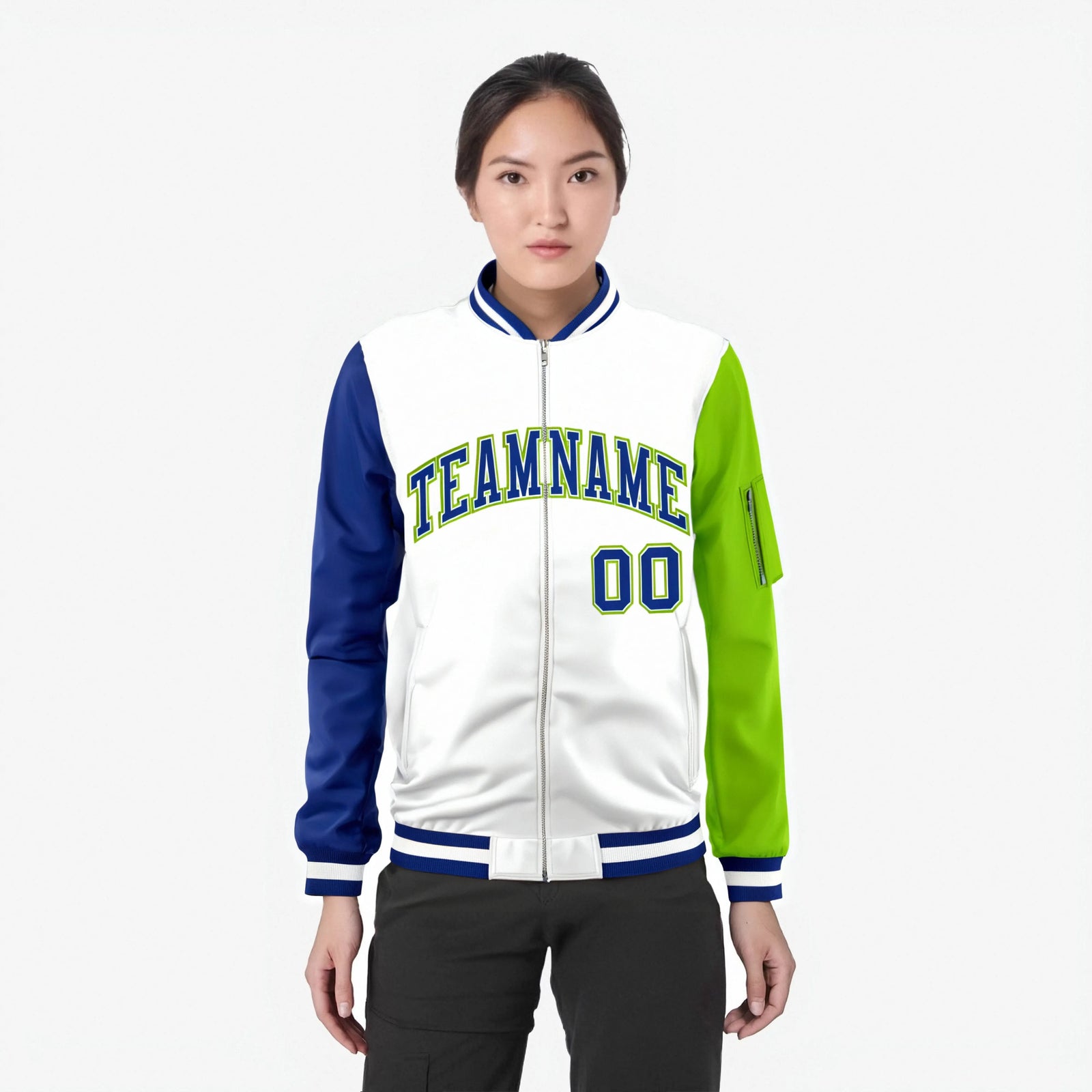 Custom White Neon Green-Royal Blue Varsity Full-Zip Raglan Sleeves Letterman Bomber Jacket