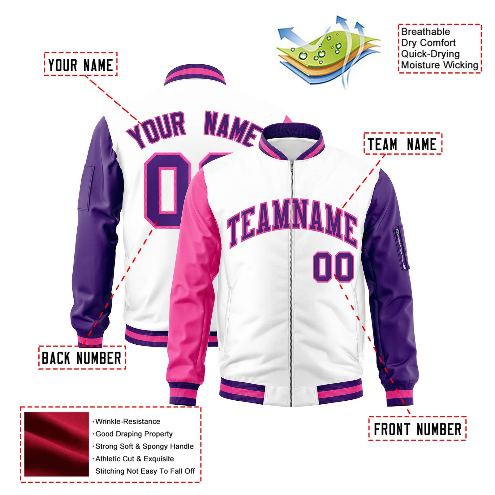 Custom White Purple-Pink Varsity Full-Zip Raglan Sleeves Letterman Bomber Jacket