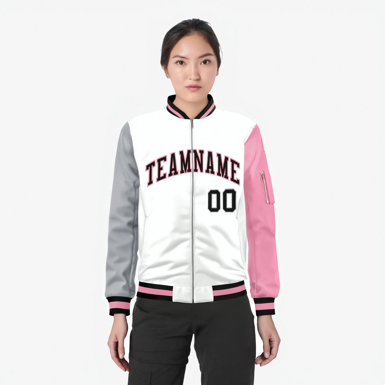 Custom White Light Pink-Gray Varsity Full-Zip Raglan Sleeves Letterman Bomber Jacket
