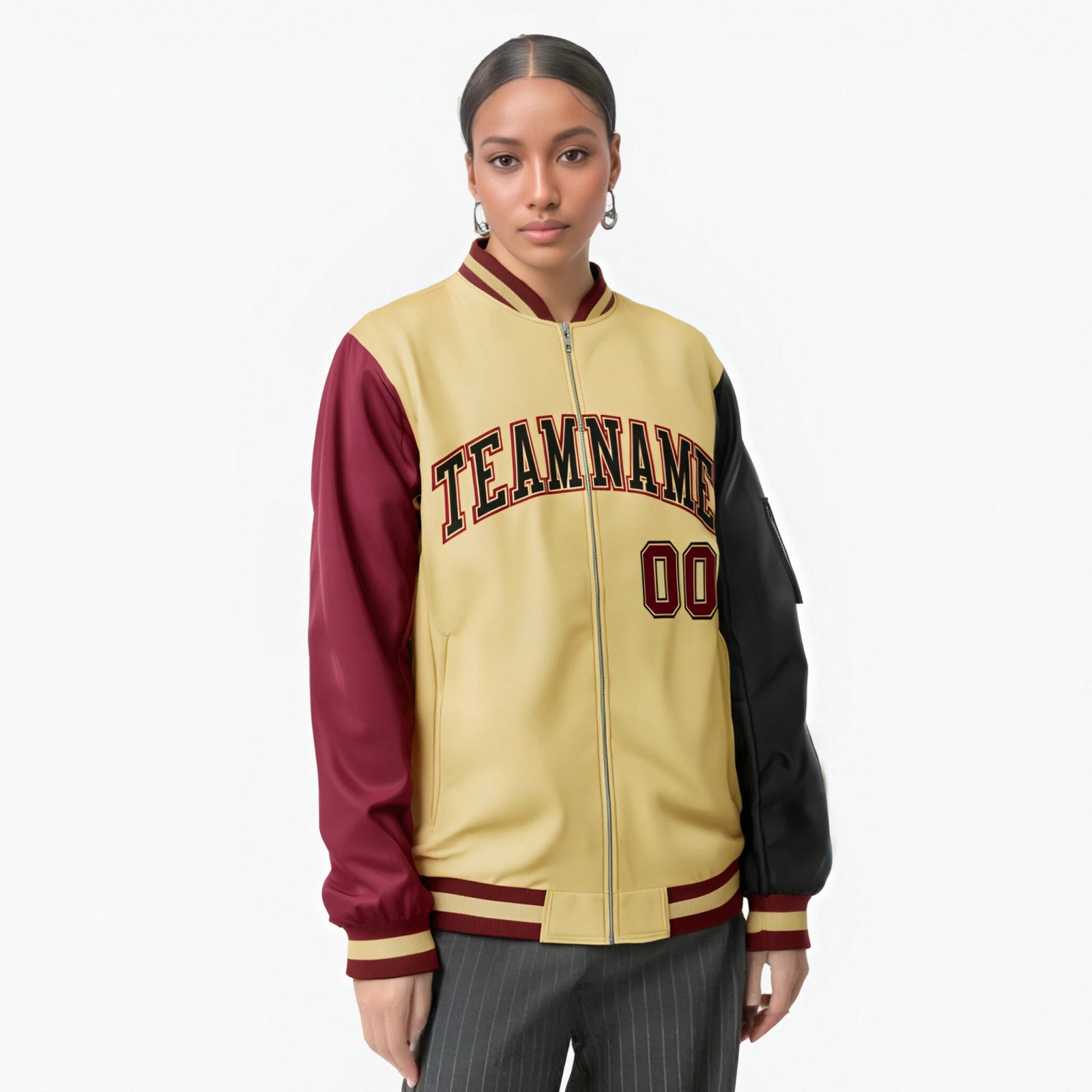 Custom Khaki Black-Crimson Varsity Full-Zip Raglan Sleeves Letterman Bomber Jacket