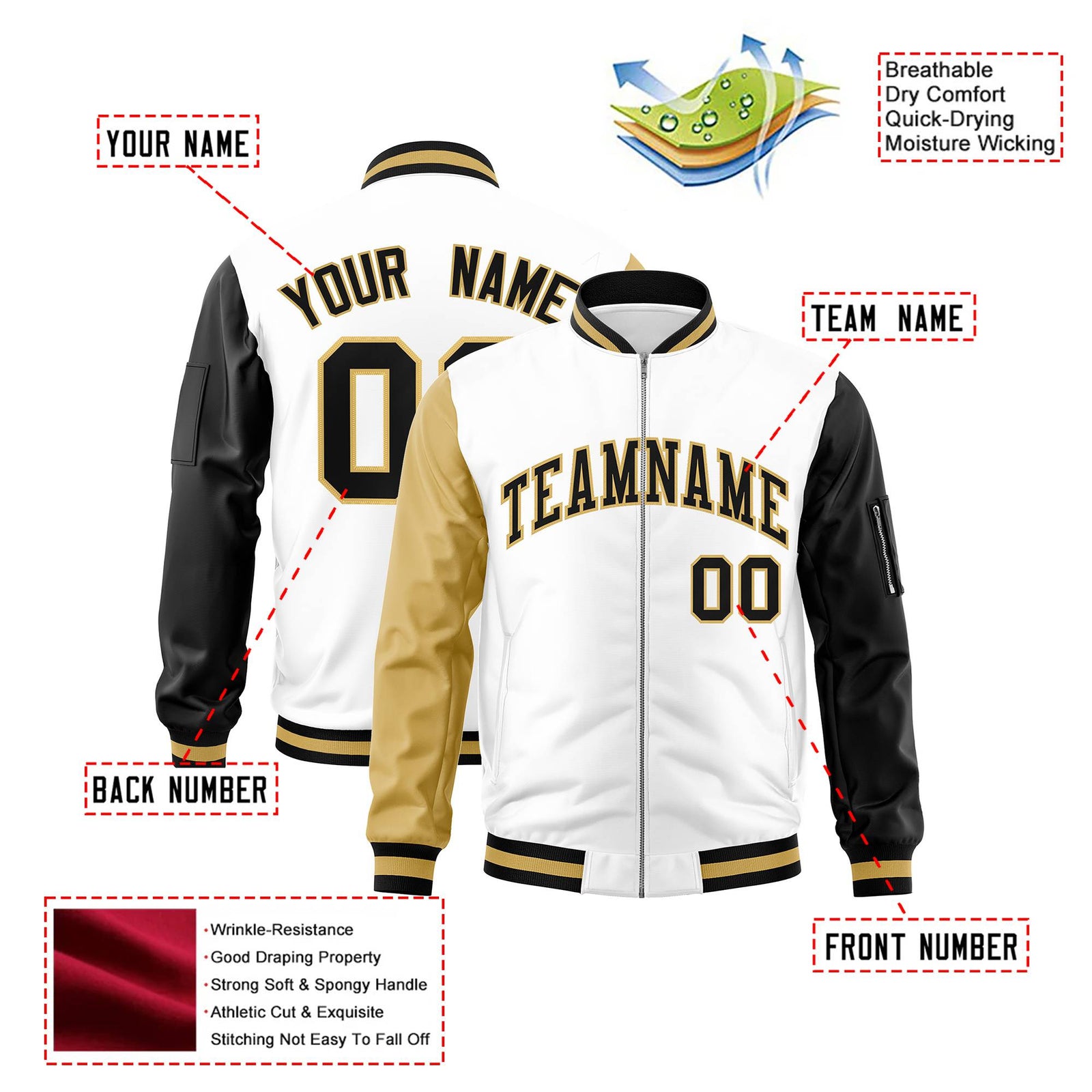 Custom White Black-Khaki Varsity Full-Zip Raglan Sleeves Letterman Bomber Jacket