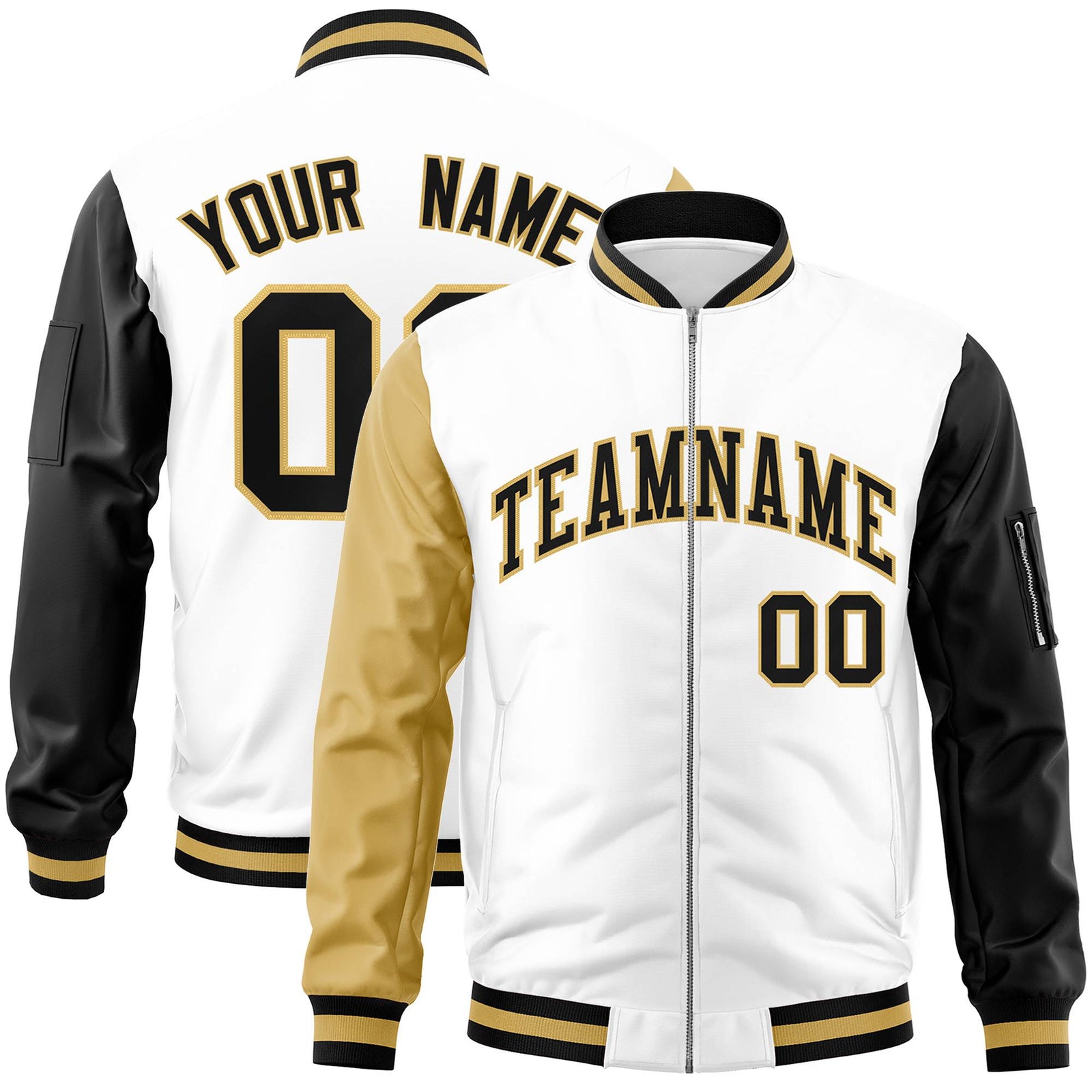 Custom White Black-Khaki Varsity Full-Zip Raglan Sleeves Letterman Bomber Jacket