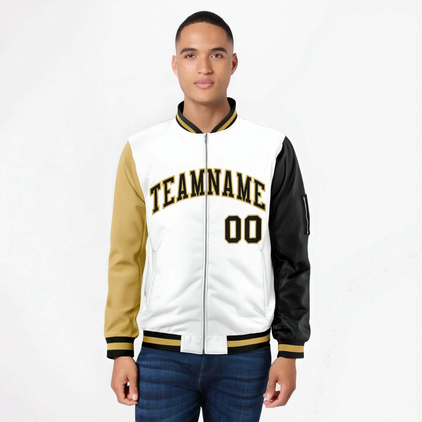 Custom White Black-Khaki Varsity Full-Zip Raglan Sleeves Letterman Bomber Jacket