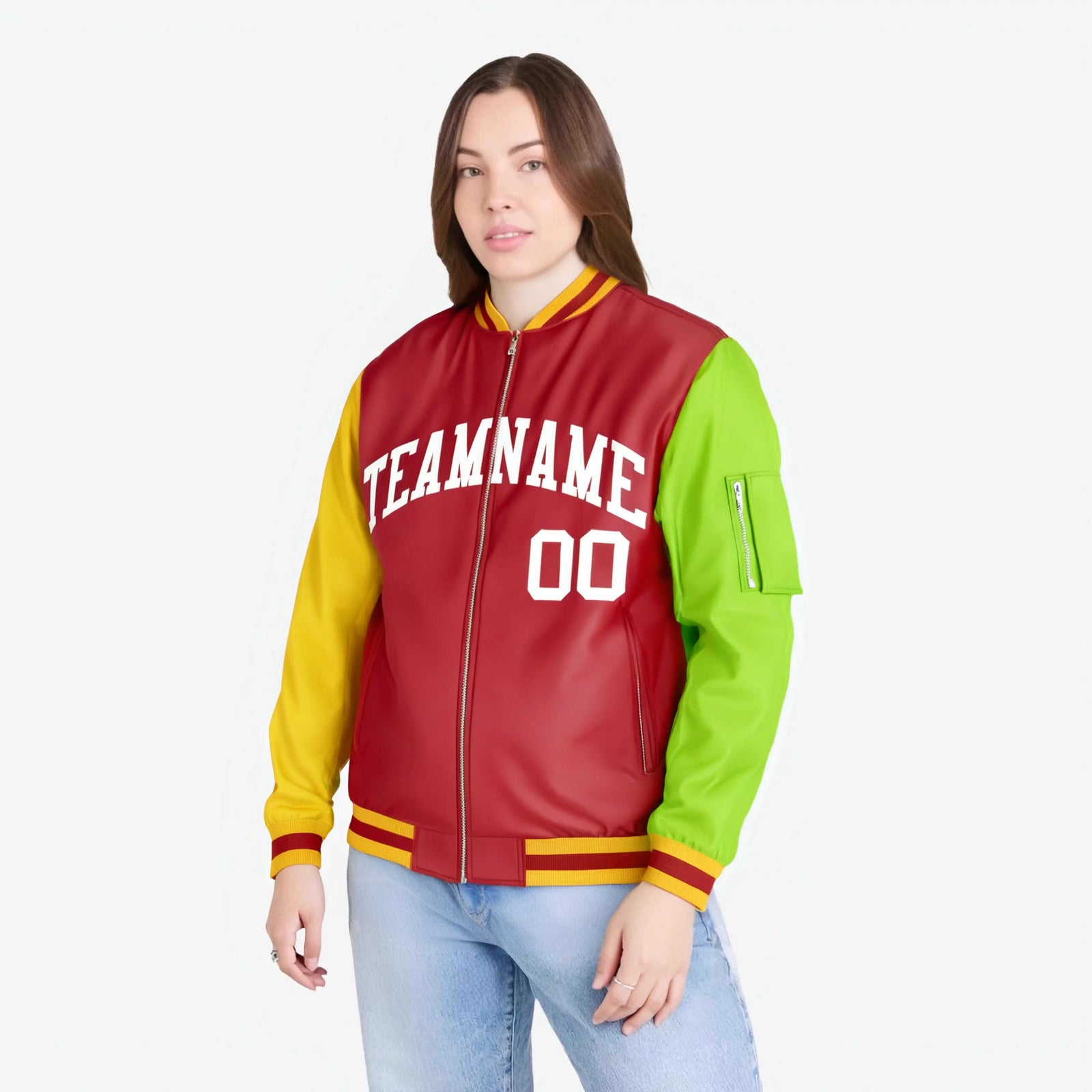 Custom Red Neon Green-Gold Varsity Full-Zip Raglan Sleeves Letterman Bomber Jacket