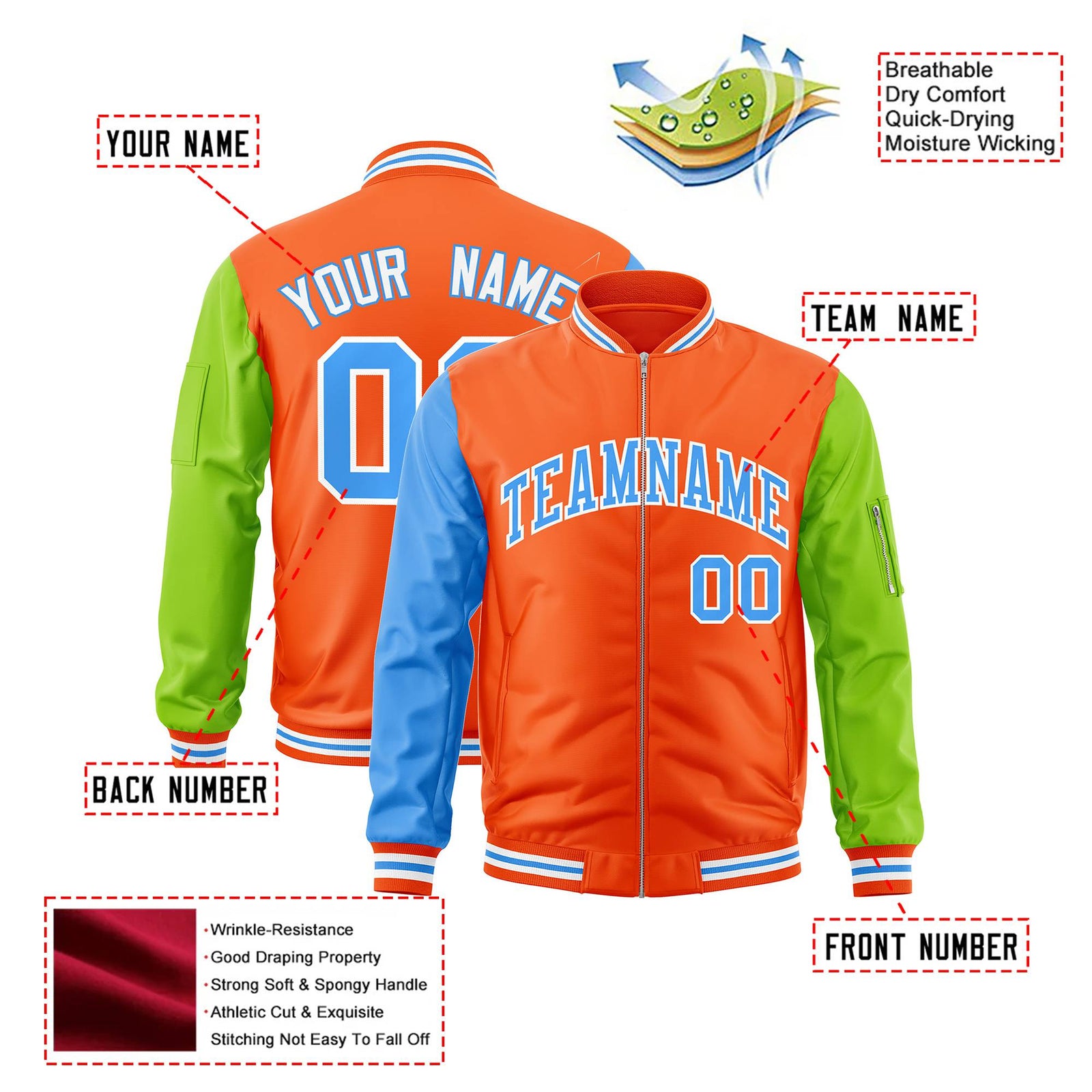 Custom Orange Neon Green-Powder Blue Varsity Full-Zip Raglan Sleeves Letterman Bomber Jacket