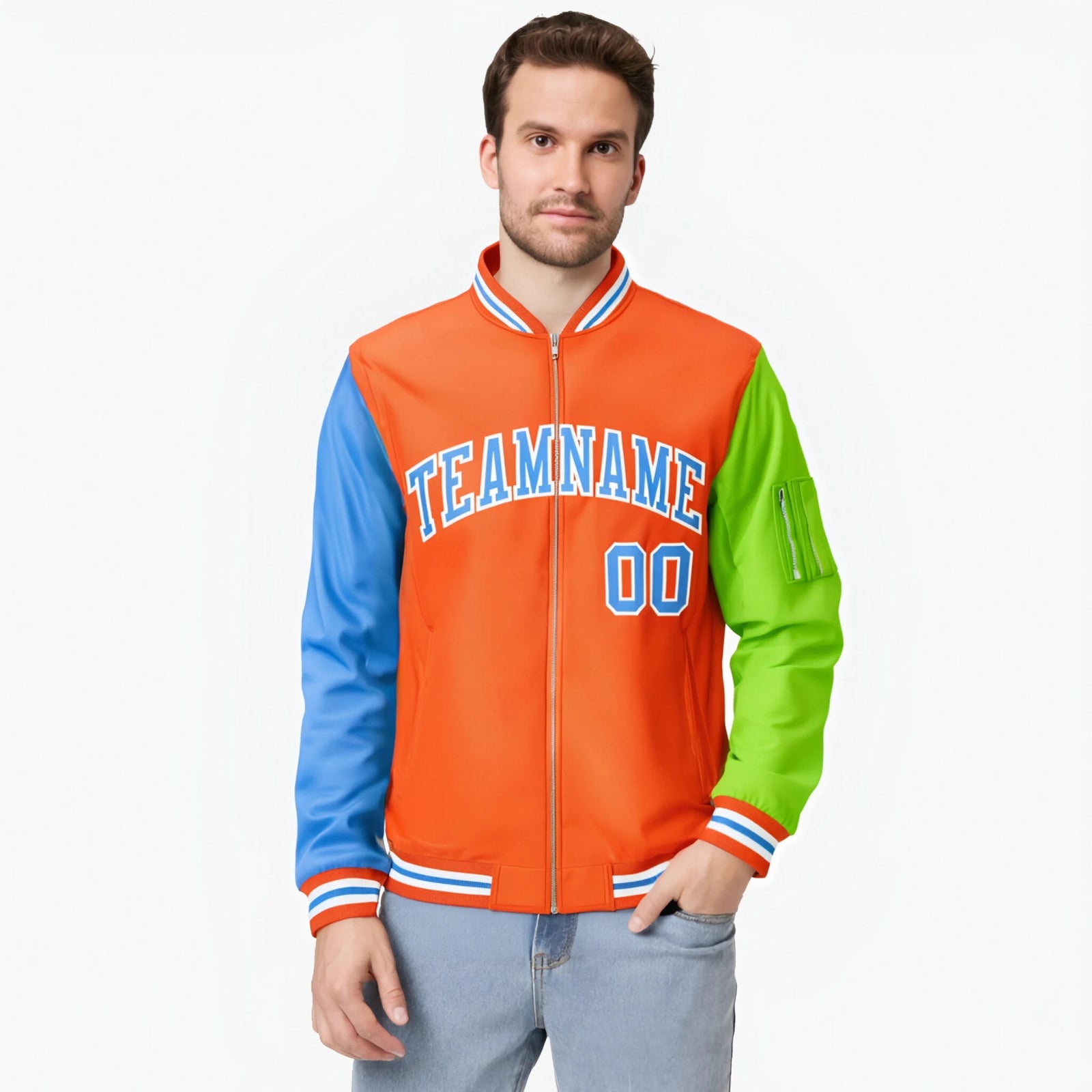 Custom Orange Neon Green-Powder Blue Varsity Full-Zip Raglan Sleeves Letterman Bomber Jacket