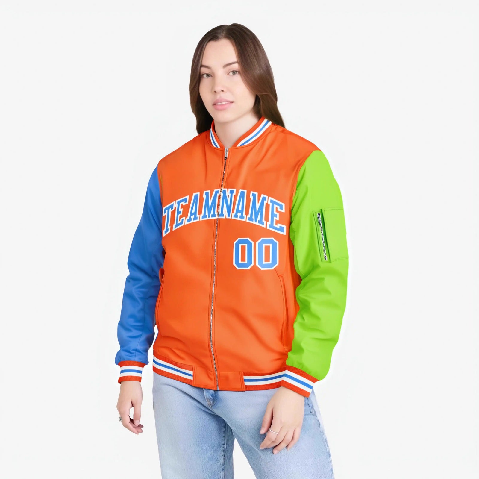 Custom Orange Neon Green-Powder Blue Varsity Full-Zip Raglan Sleeves Letterman Bomber Jacket