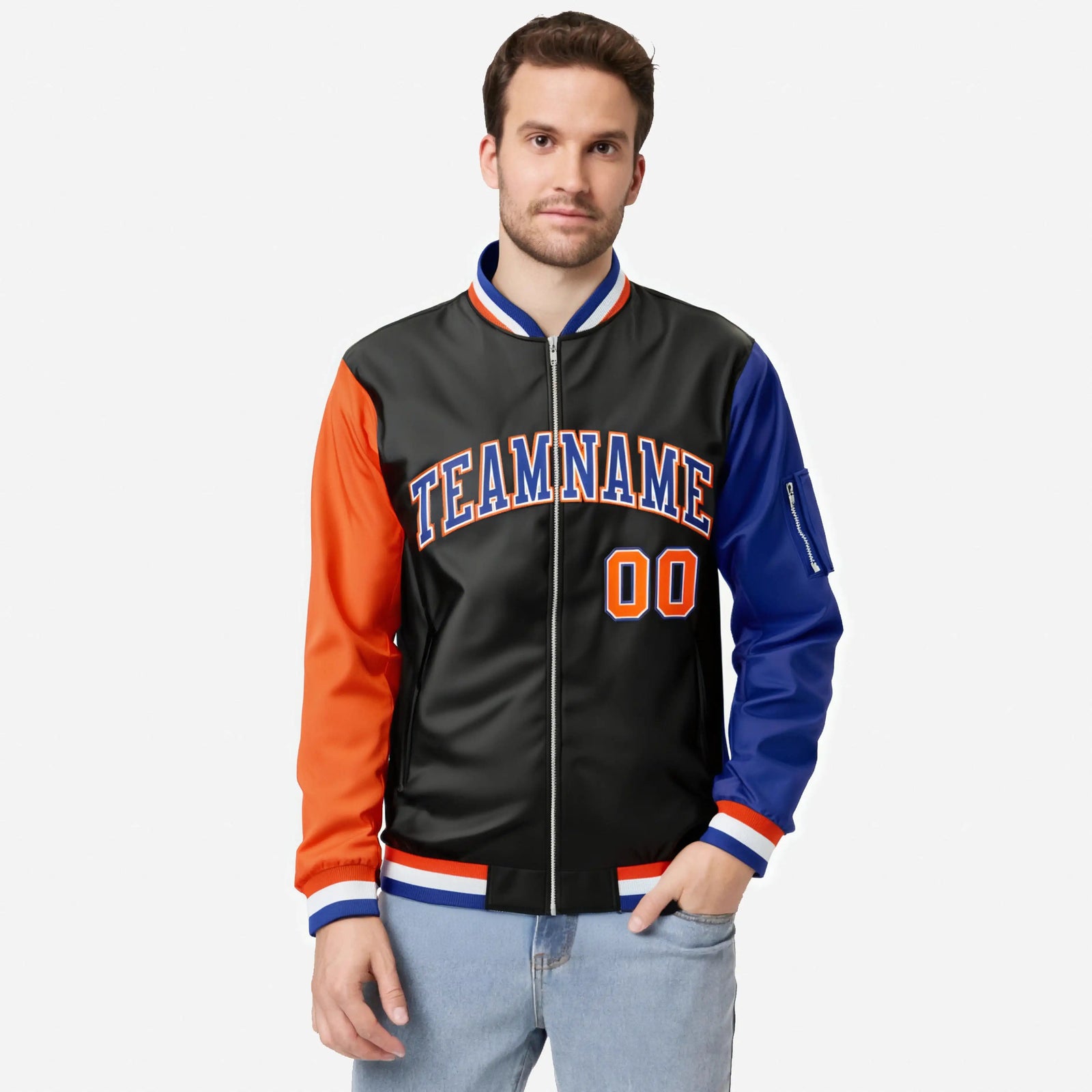 Custom Black Royal Blue-Orange Varsity Full-Zip Raglan Sleeves Letterman Bomber Jacket