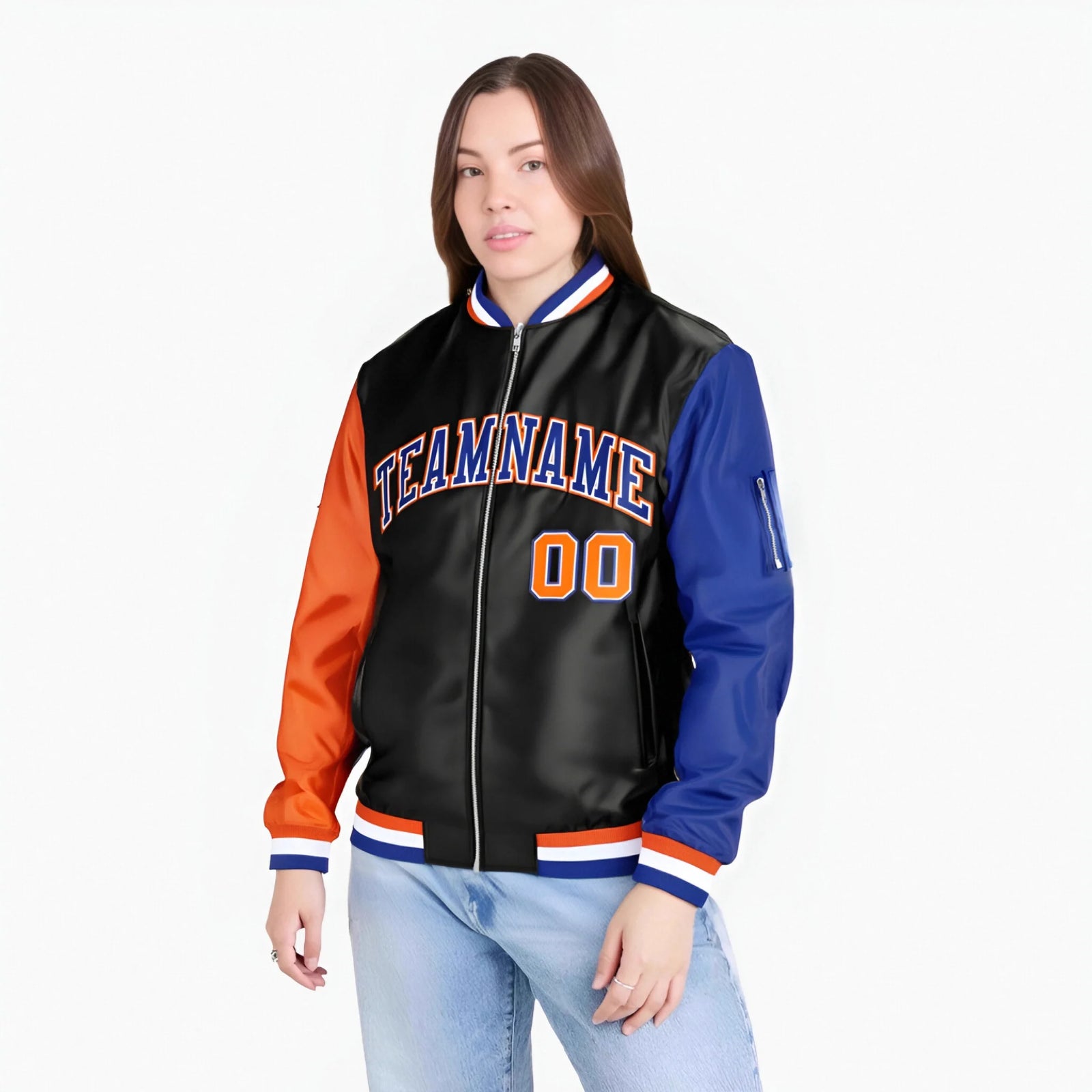 Custom Black Royal Blue-Orange Varsity Full-Zip Raglan Sleeves Letterman Bomber Jacket