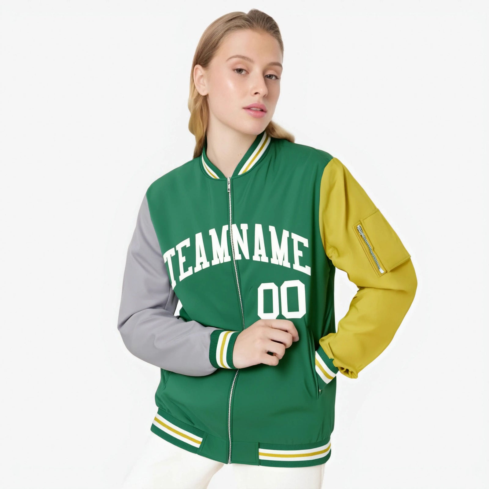 Custom Kelly Green Gold-Gray Varsity Full-Zip Raglan Sleeves Letterman Bomber Jacket