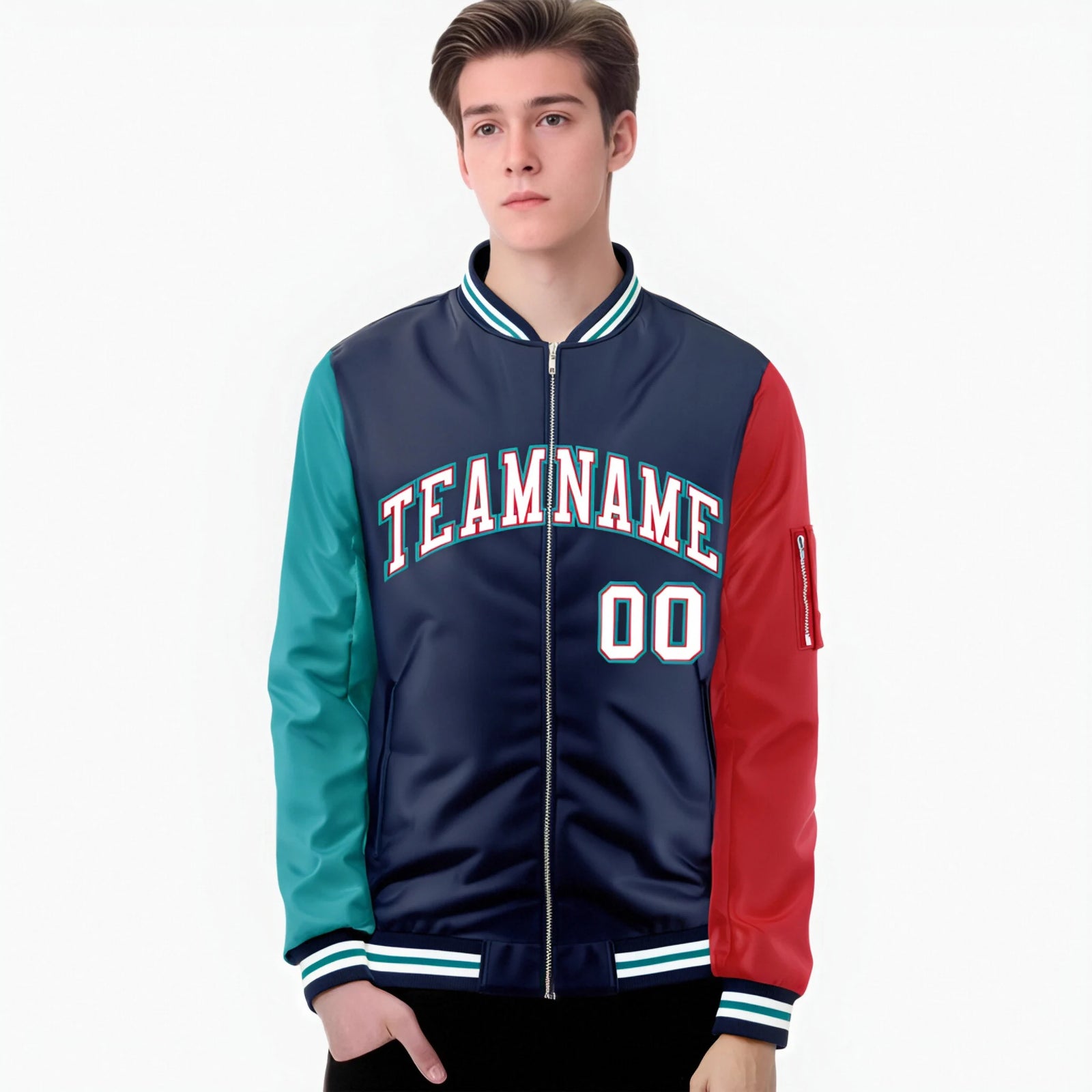 Custom Navy Red-Aqua Varsity Full-Zip Raglan Sleeves Letterman Bomber Jacket