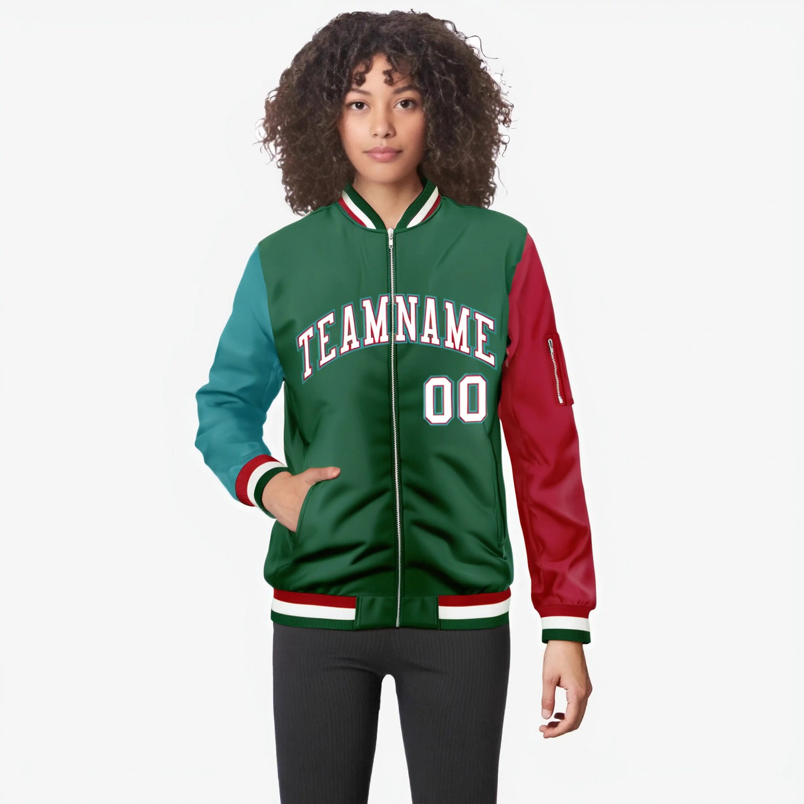 Custom Green Red-Aqua Varsity Full-Zip Raglan Sleeves Letterman Bomber Jacket