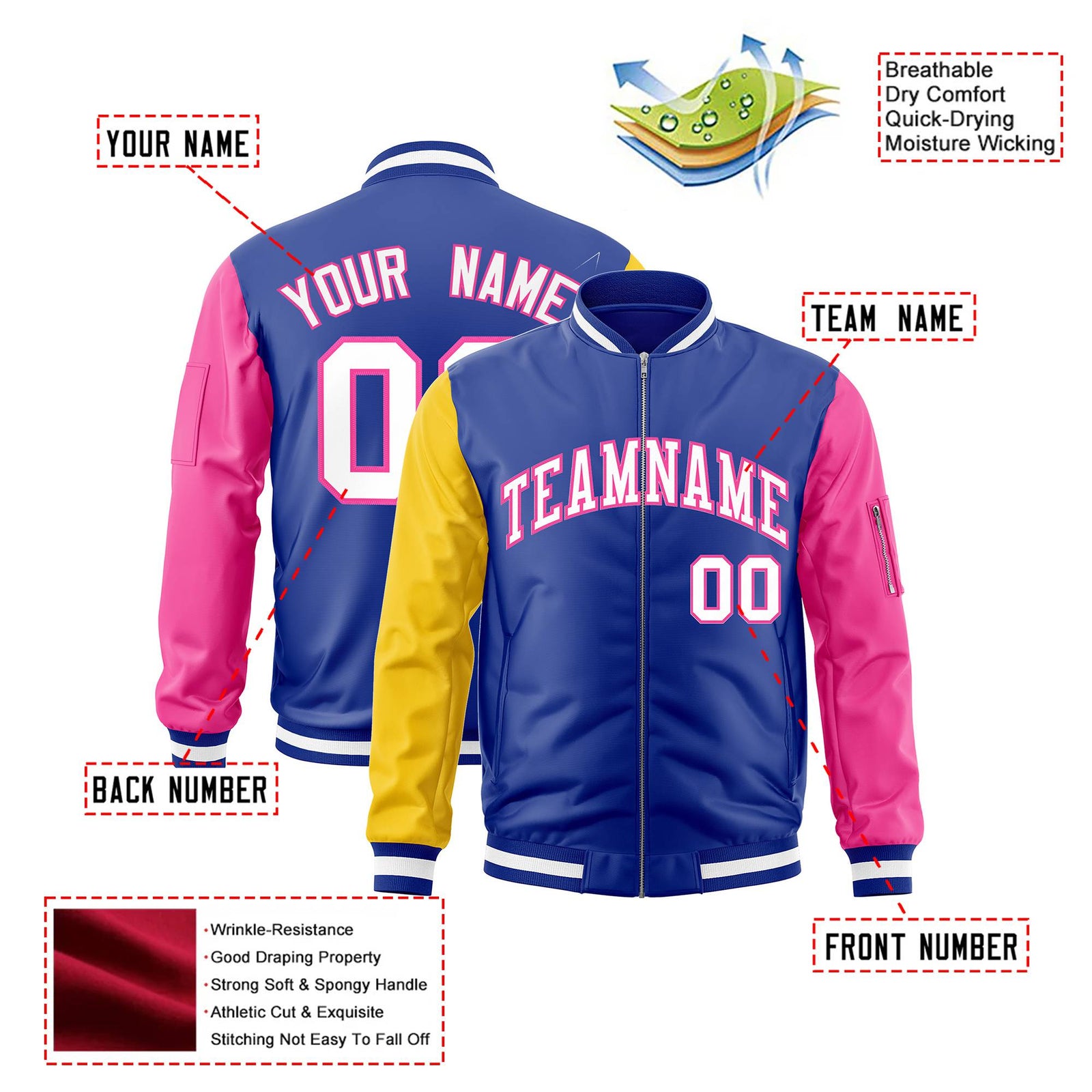 Custom Royal Blue Pink-Gold Varsity Full-Zip Raglan Sleeves Letterman Bomber Jacket