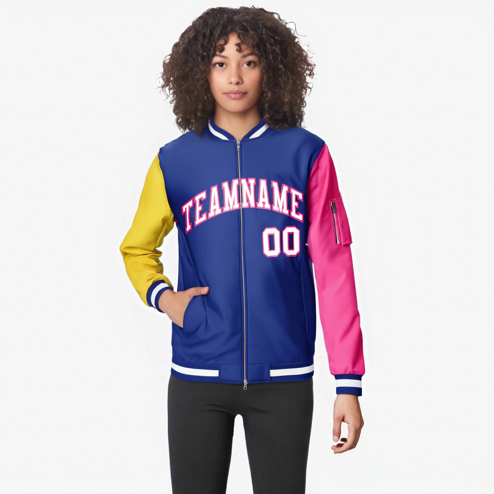 Custom Royal Blue Pink-Gold Varsity Full-Zip Raglan Sleeves Letterman Bomber Jacket