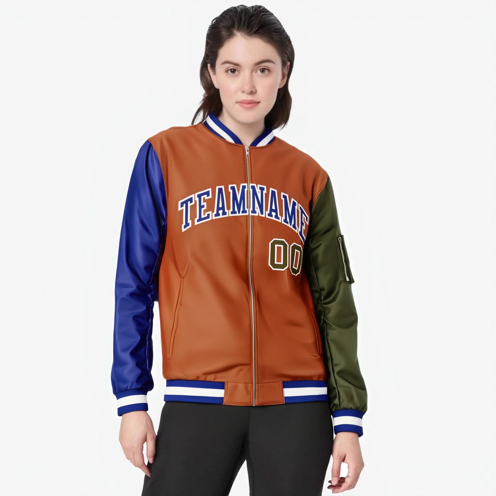 Custom Munsell Olive-Royal Blue Varsity Full-Zip Raglan Sleeves Letterman Bomber Jacket