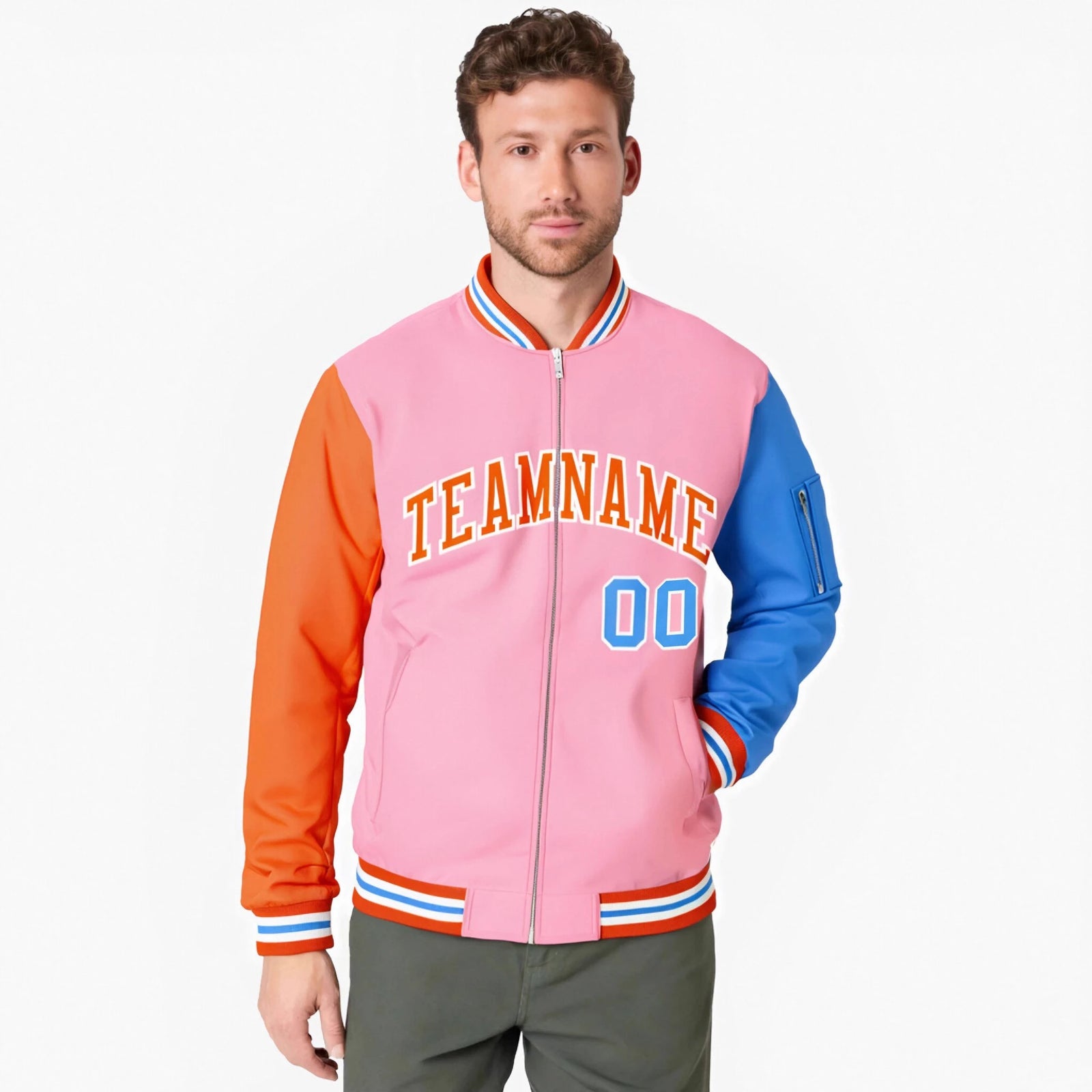 Custom Light Pink Royal Blue-Orange Varsity Full-Zip Raglan Sleeves Letterman Bomber Jacket