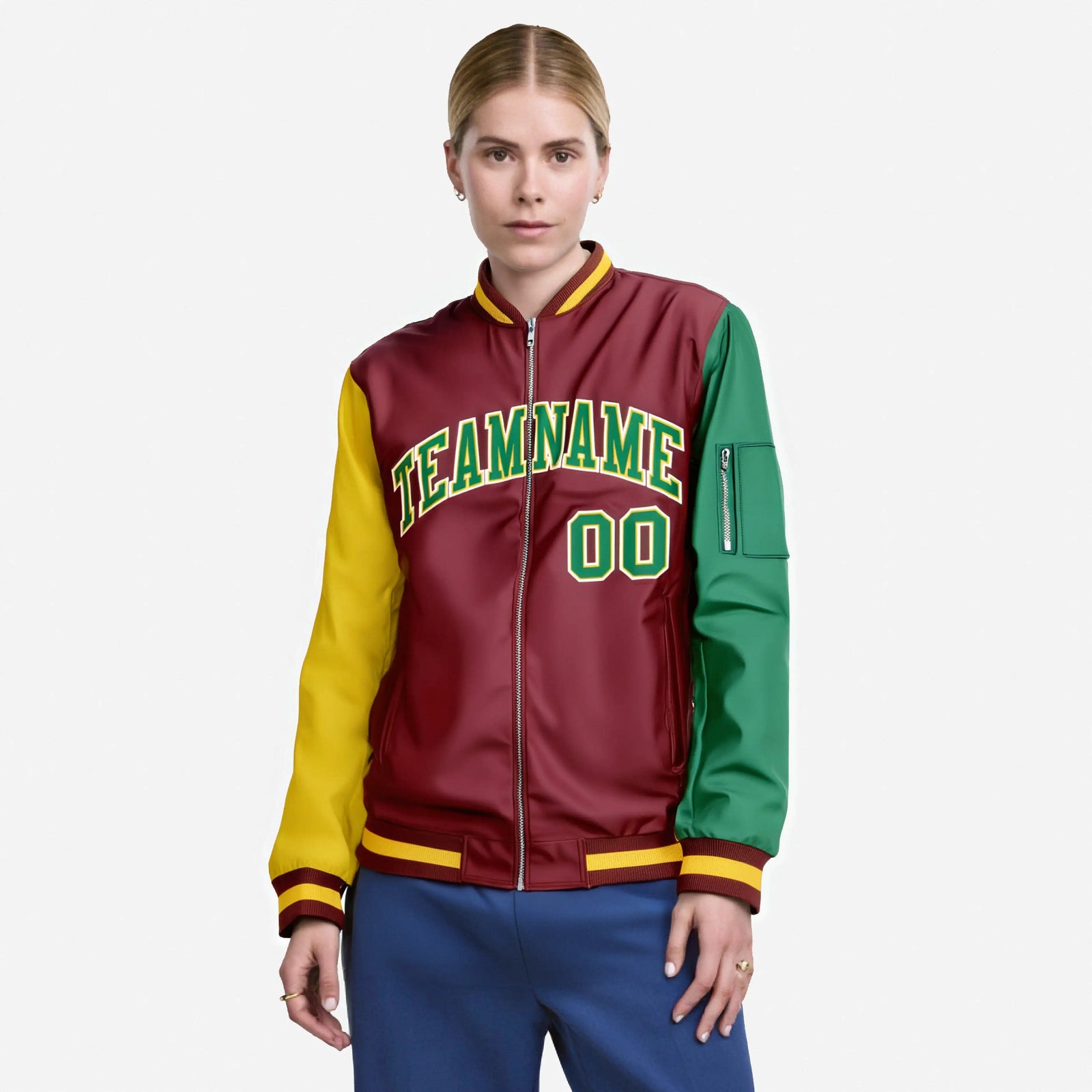 Custom Crimson Green-Gold Varsity Full-Zip Raglan Sleeves Letterman Bomber Jacket