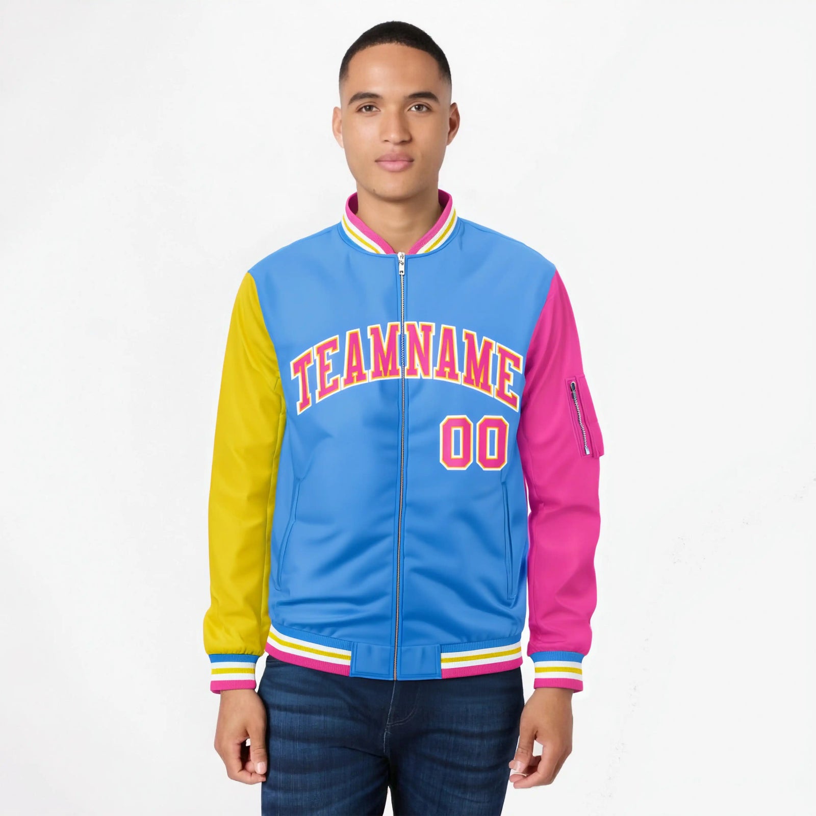 Custom Powder Blue Pink-Gold Varsity Full-Zip Raglan Sleeves Letterman Bomber Jacket