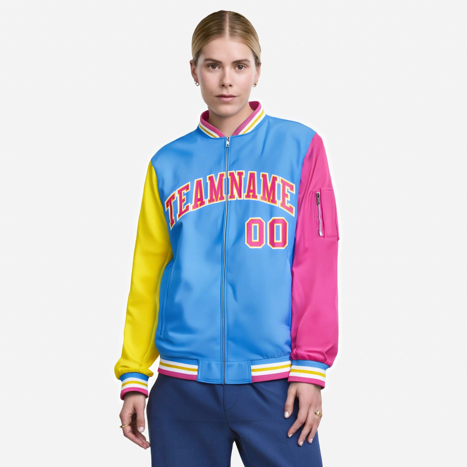 Custom Powder Blue Pink-Gold Varsity Full-Zip Raglan Sleeves Letterman Bomber Jacket