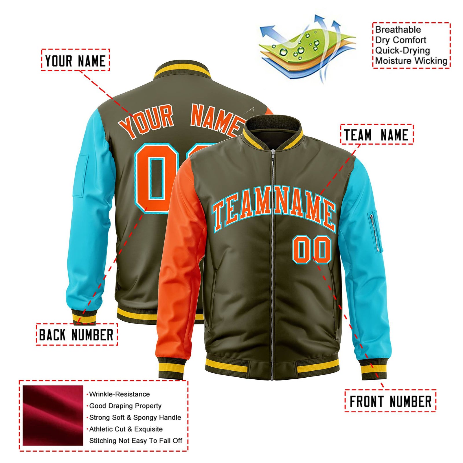Custom Olive Aqua-Orange Varsity Full-Zip Raglan Sleeves Letterman Bomber Jacket