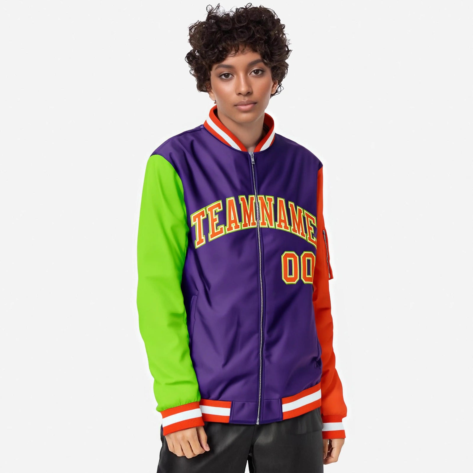 Custom Purple Orange-Neon Green Varsity Full-Zip Raglan Sleeves Letterman Bomber Jacket
