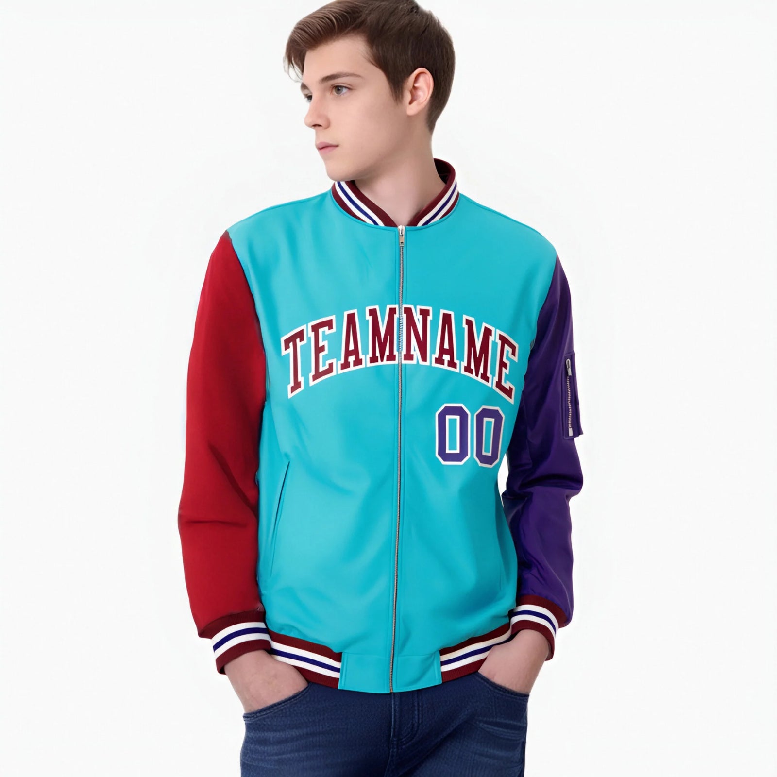Custom Aqua Purple-Crimson Varsity Full-Zip Raglan Sleeves Letterman Bomber Jacket