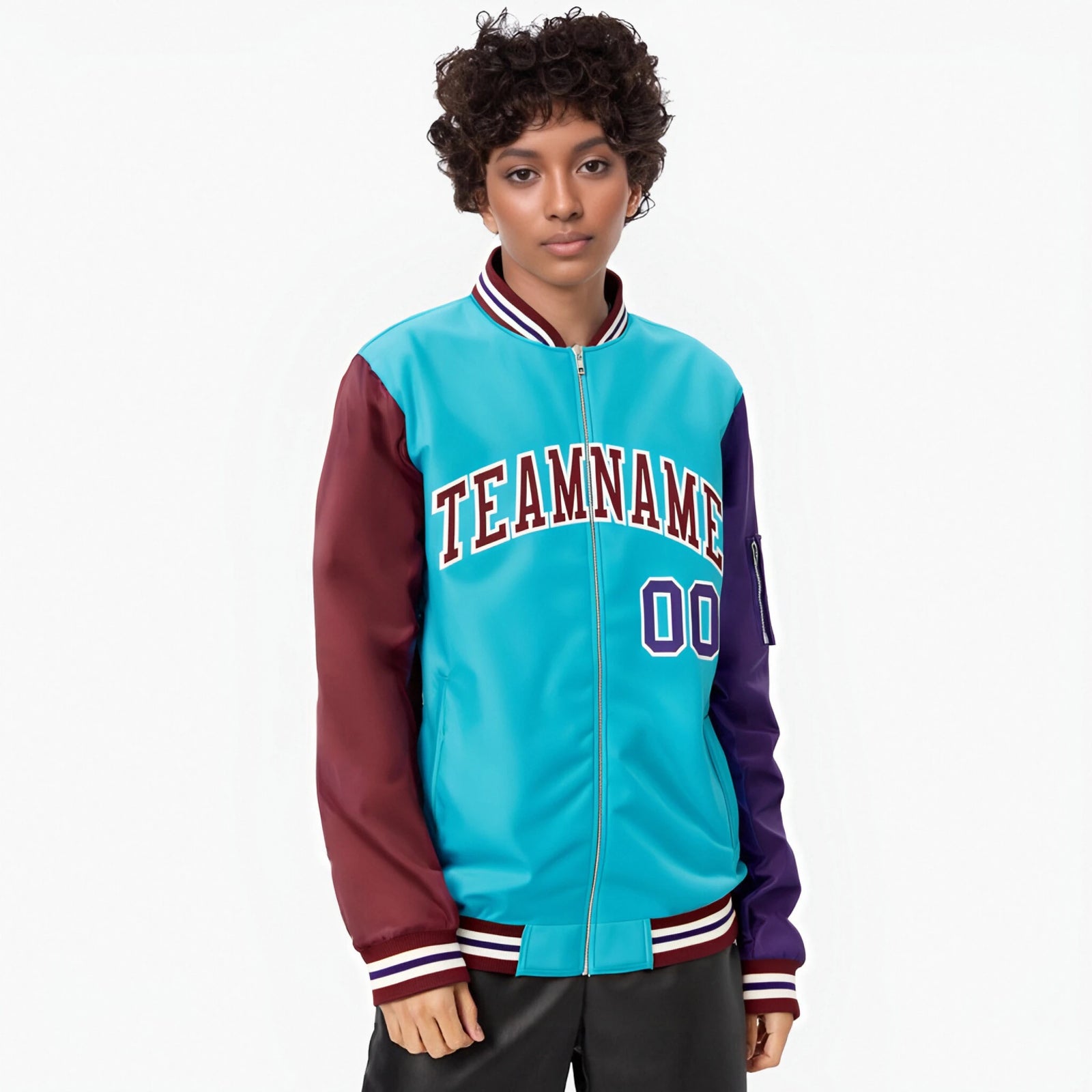 Custom Aqua Purple-Crimson Varsity Full-Zip Raglan Sleeves Letterman Bomber Jacket