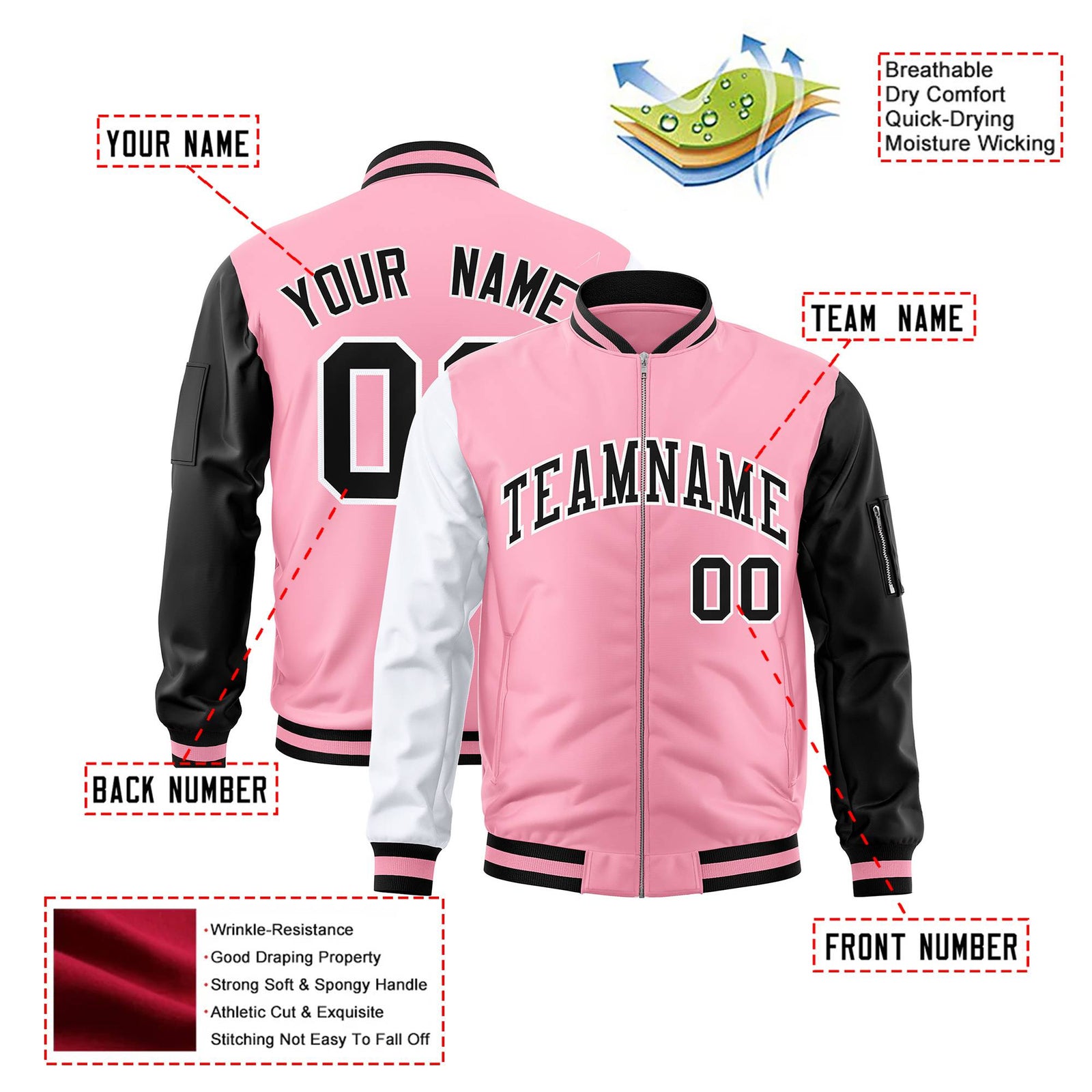 Custom Light Pink Black-White Varsity Full-Zip Raglan Sleeves Letterman Bomber Jacket