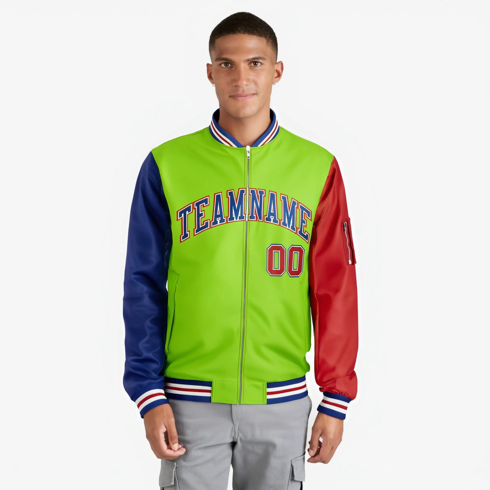 Custom Neon Green Red-Royal Blue Varsity Full-Zip Raglan Sleeves Letterman Bomber Jacket